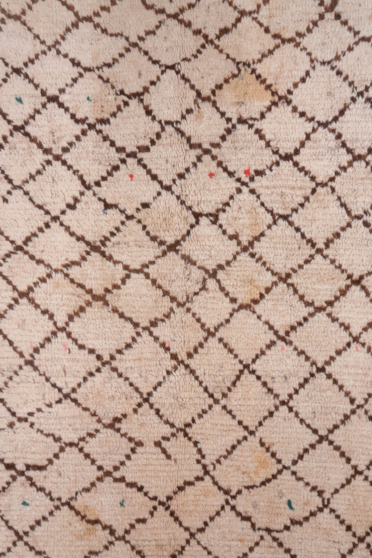 4' x 12' one-of-a-kind handmade vintage Moroccan runner rug. Color palette: ivory, brown, taupe, sky_blue, coral, beige