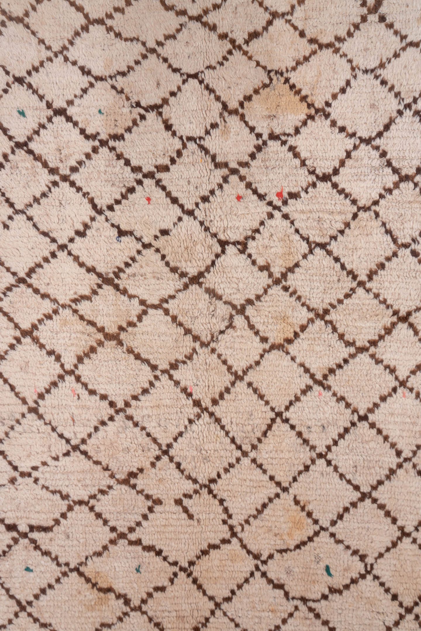 4' x 12' one-of-a-kind handmade vintage Moroccan runner rug. Color palette: ivory, brown, taupe, sky_blue, coral, beige