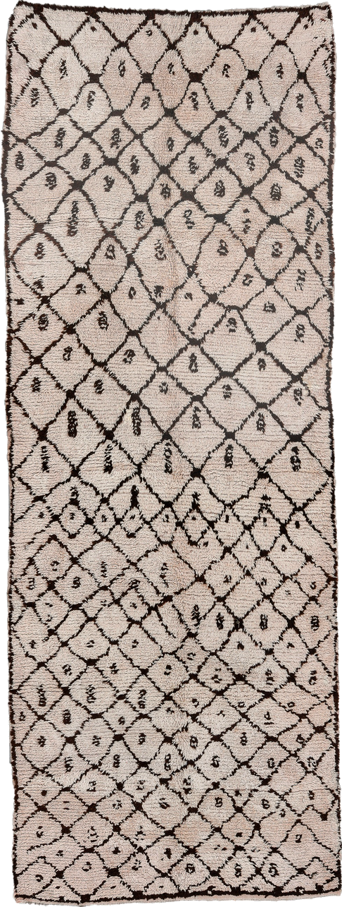 4' x 13' one-of-a-kind handmade vintage Moroccan runner rug. Color palette: brown, gray, off-white, orange, pink, redwood
