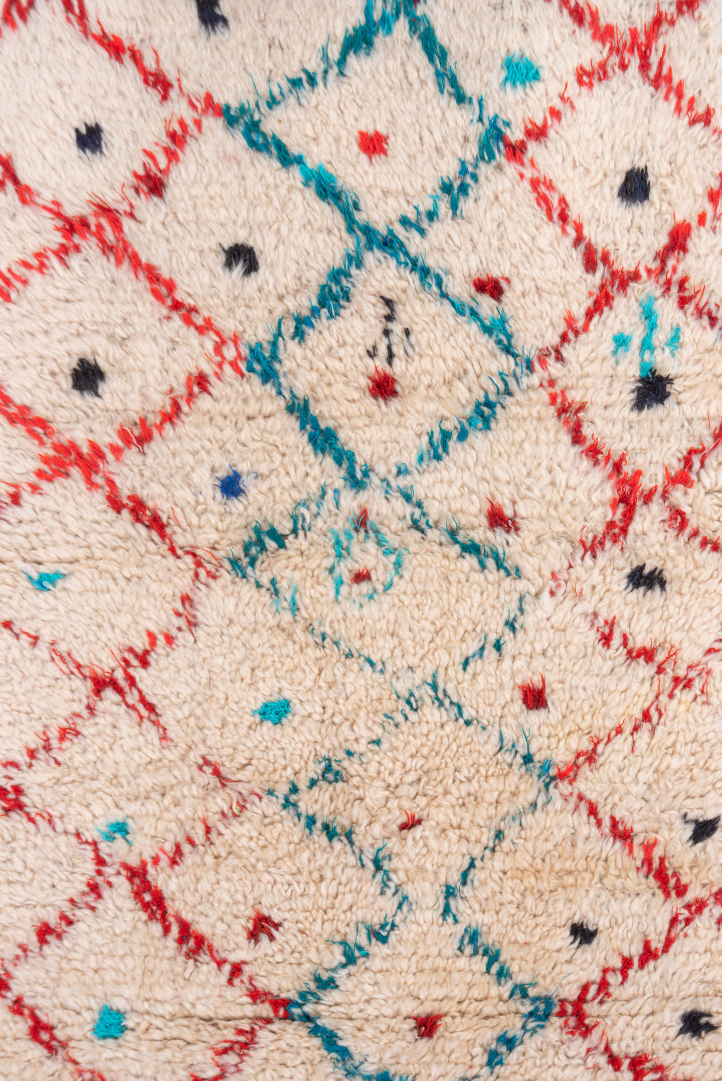 4' x 6' one-of-a-kind handmade vintage Moroccan small size rug. Color palette: ivory, turquoise, red, navy, black, teal