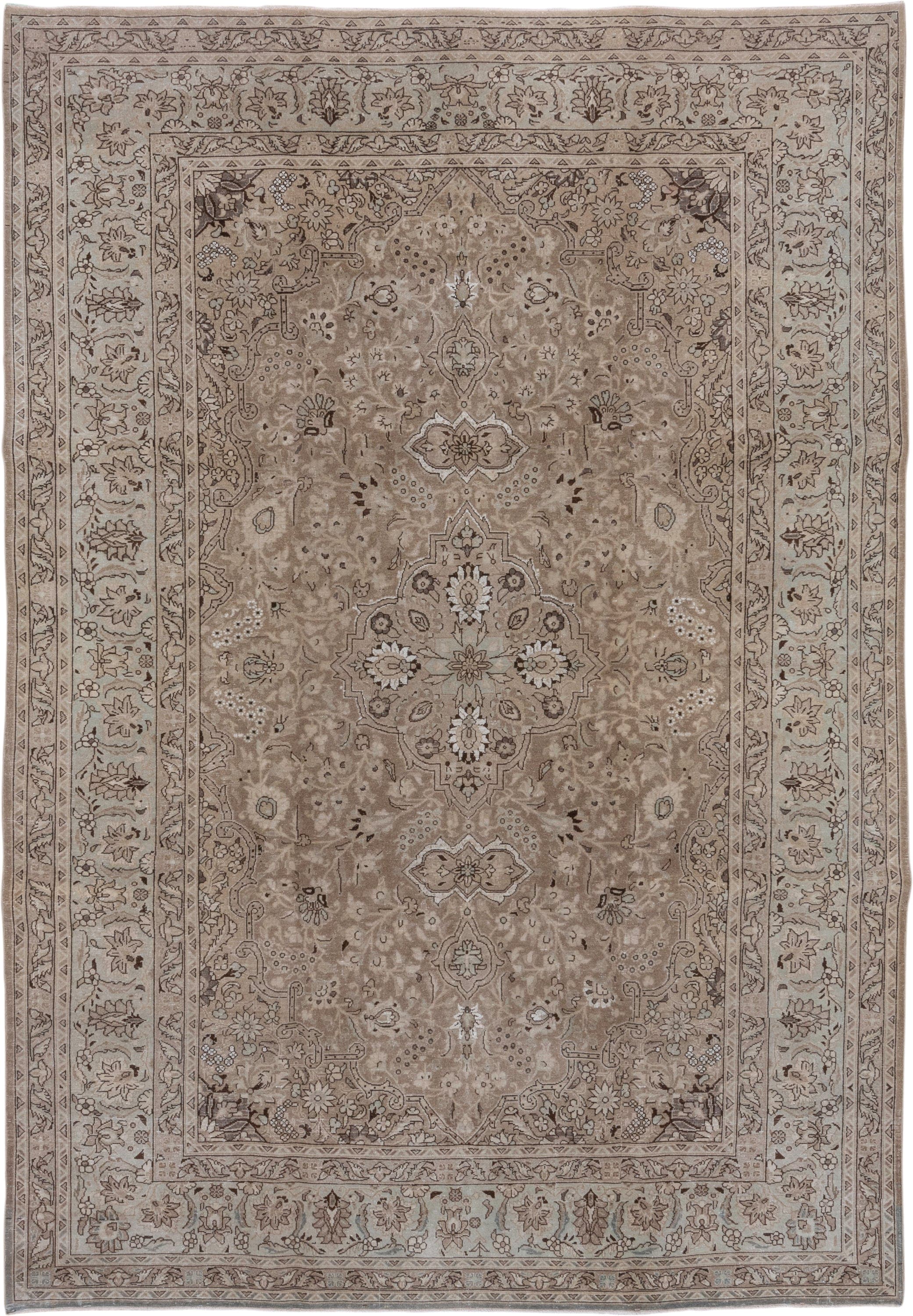 7' x 10' one-of-a-kind handmade antique Sivas large size rug. Color palette: taupe, ivory, beige, brown, camel, charcoal
