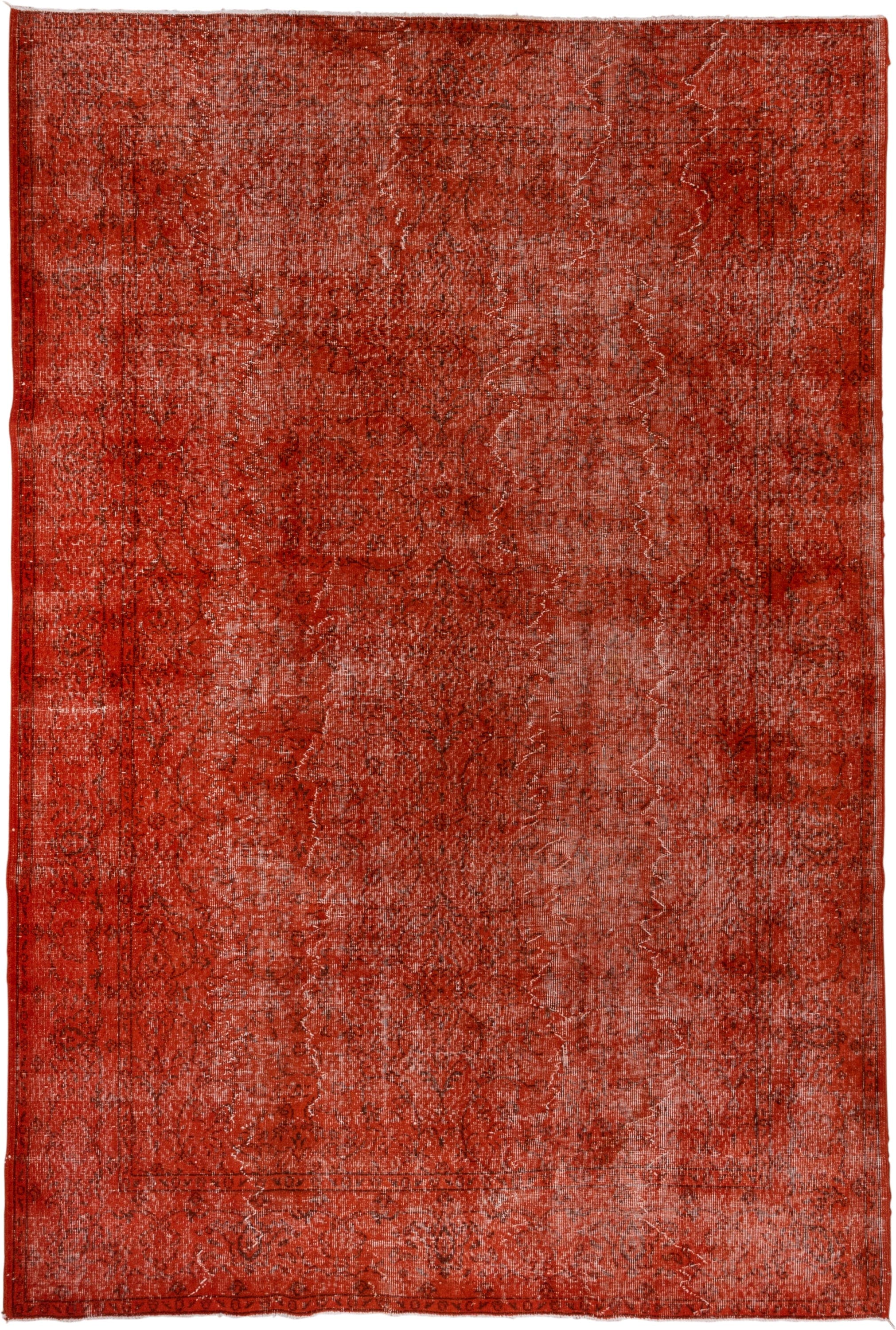 7' x 10' one-of-a-kind handmade vintage Overdyed large size rug. Color palette: rust, terra cotta, crimson, brick, charcoal