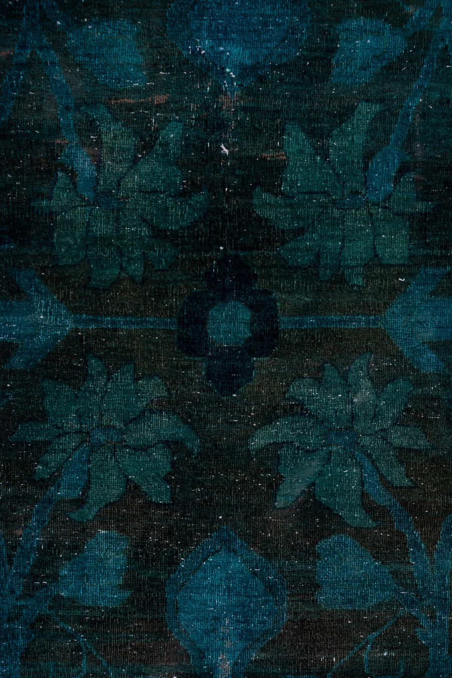 15' x 27' one-of-a-kind handmade vintage Overdyed oversize rug. Color palette: teal, charcoal, indigo, slate, aqua, ivory