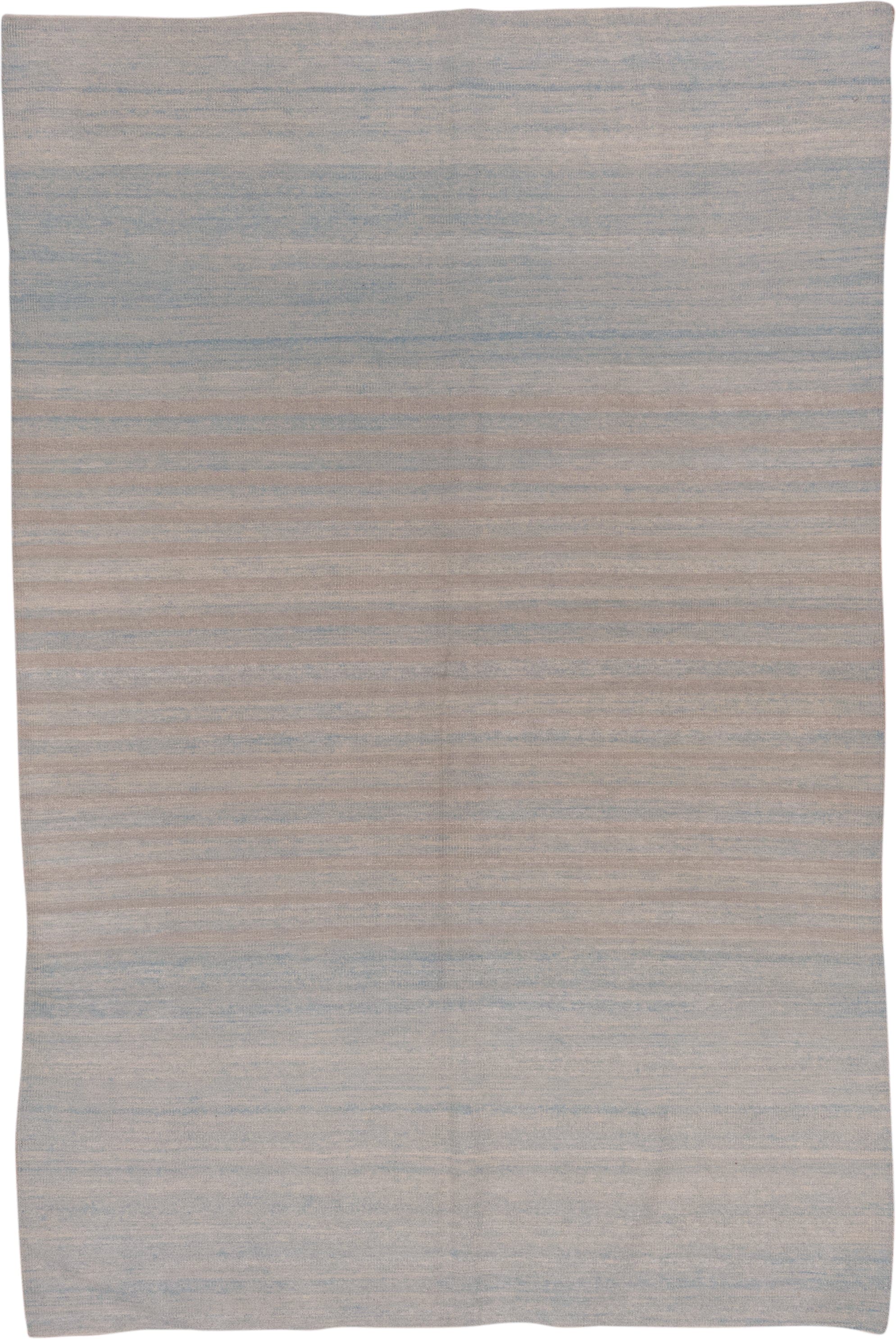 6' x 9' one-of-a-kind handmade vintage Kilim medium size rug. Color palette: pale blue, ivory, blush, taupe, light blue