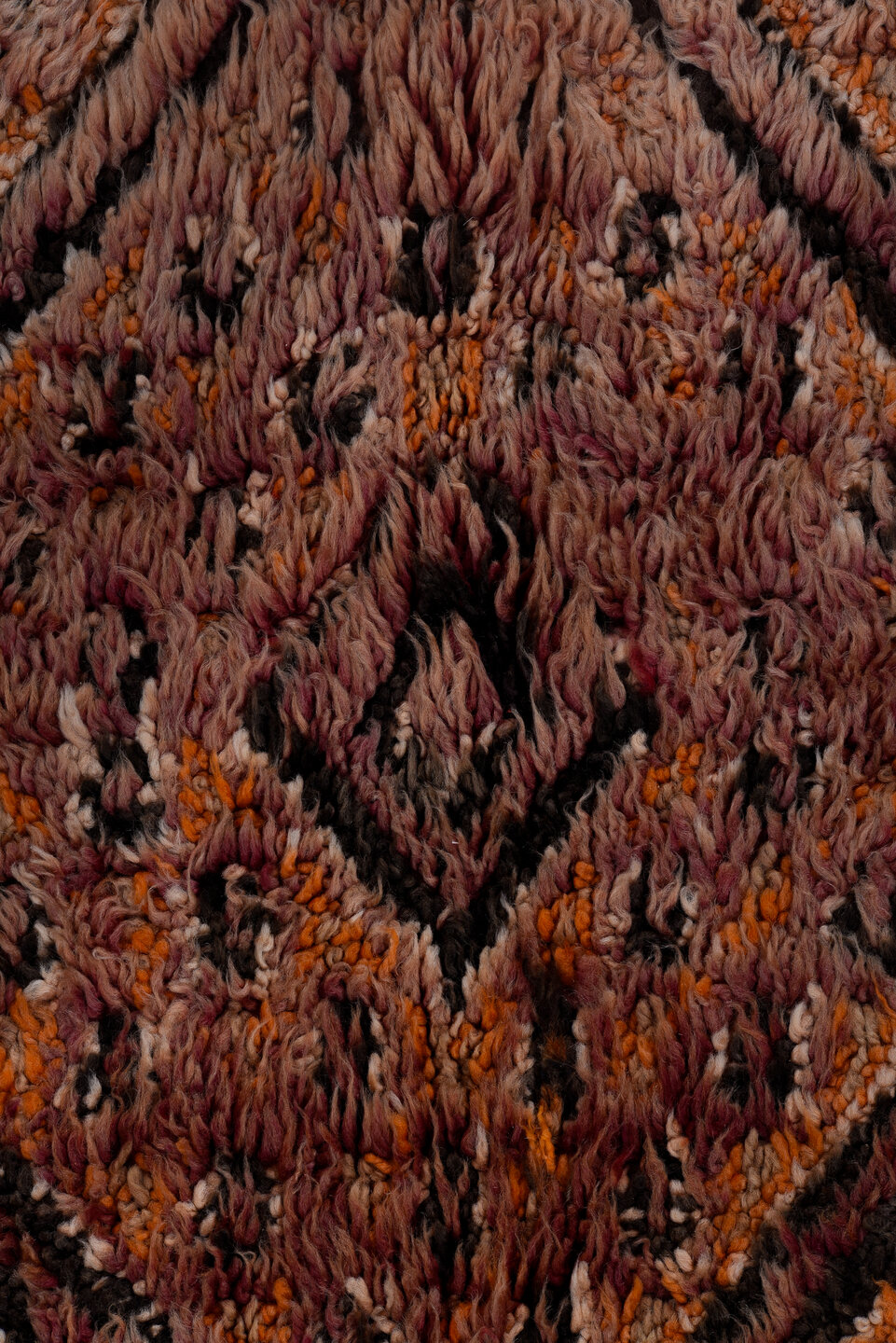 6' x 12' one-of-a-kind handmade antique Moroccan large size rug. Color palette: rose, mauve, plum, charcoal, rust, saffron