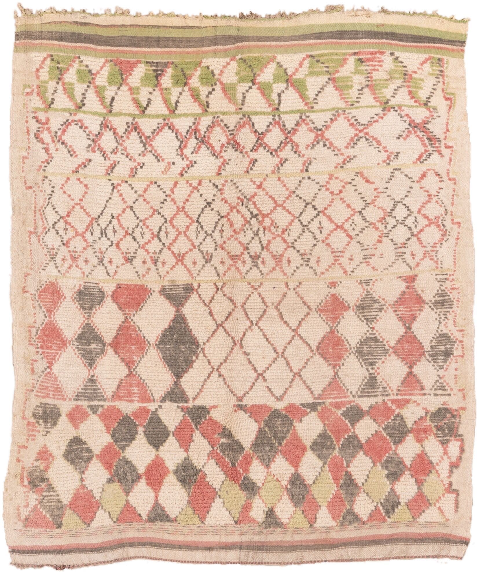 5' x 5' one-of-a-kind handmade vintage Moroccan rug. Color palette: ivory, rose, charcoal, olive, taupe, pink, red, gray