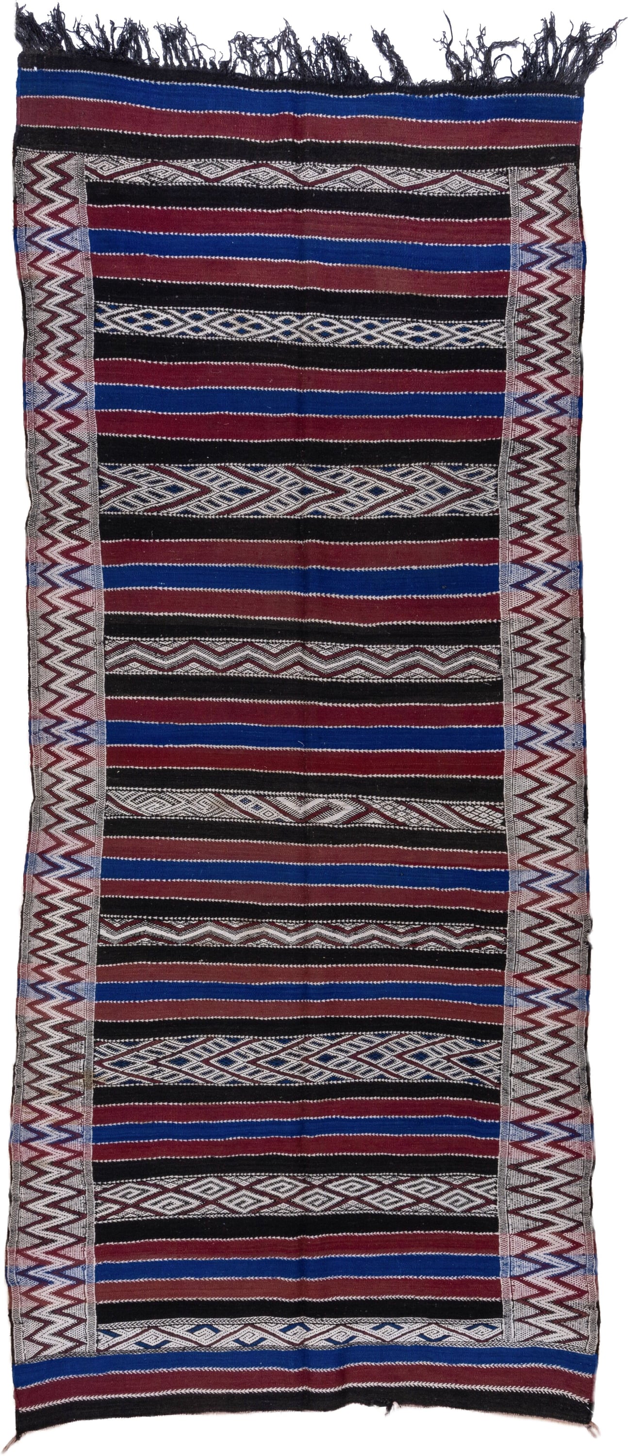 5' x 11' one-of-a-kind handmade vintage Kilim runner rug. Color palette: black, burgundy, indigo, ivory, gray, purple