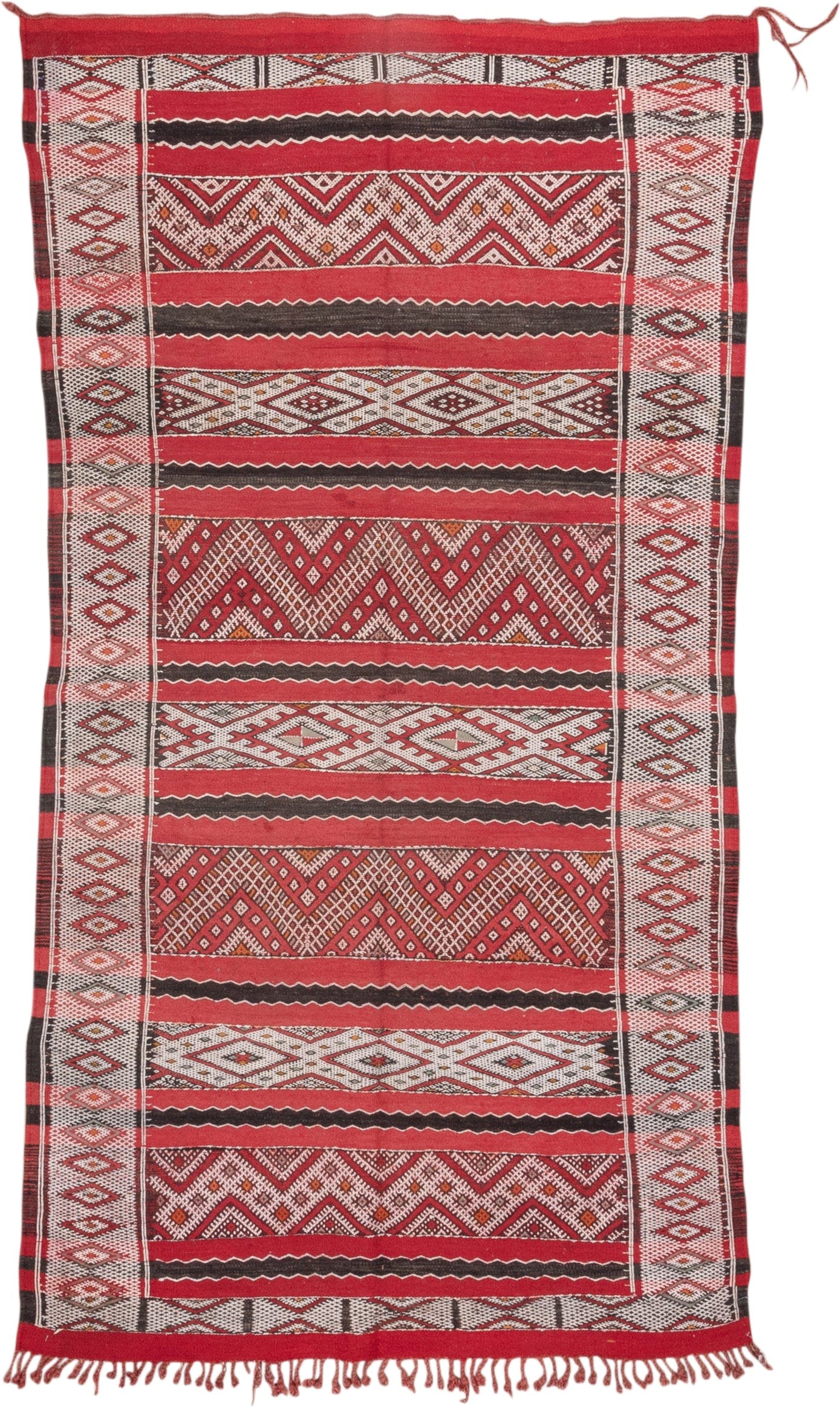 4' x 8' one-of-a-kind handmade vintage Kilim rug. Color palette: red, ivory, charcoal, rust, brown, gray, black, terracotta