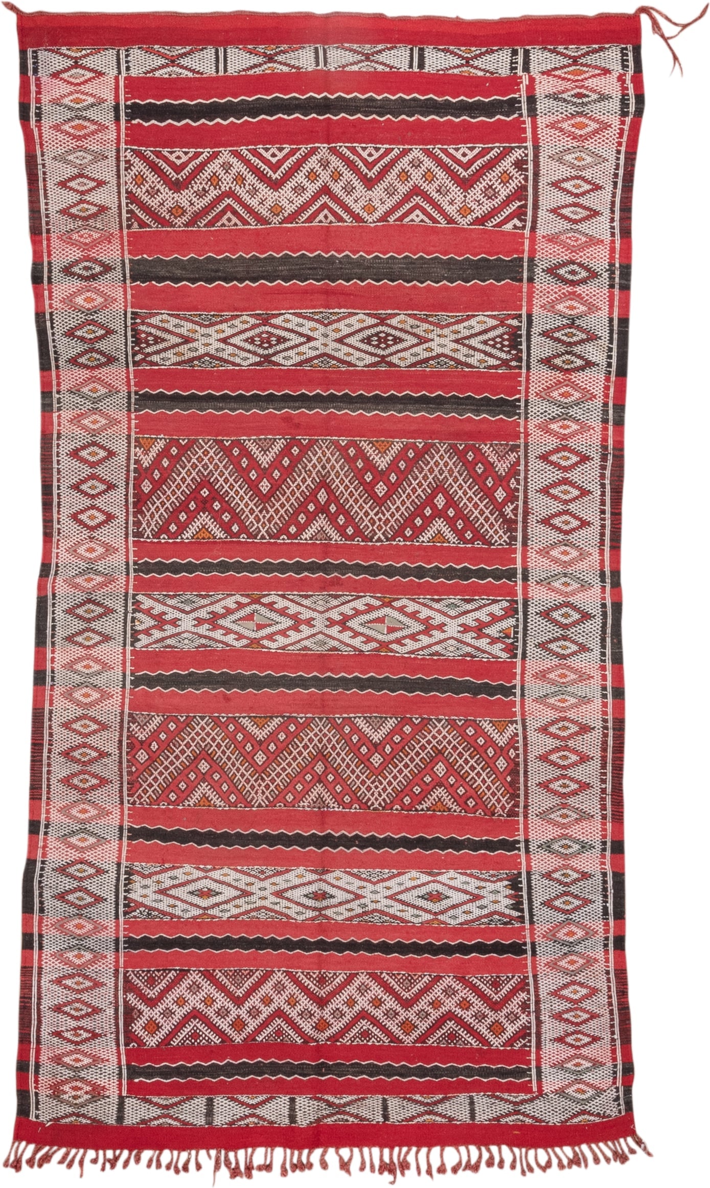 4' x 8' one-of-a-kind handmade vintage Kilim rug. Color palette: red, ivory, charcoal, rust, brown, gray, black, terracotta