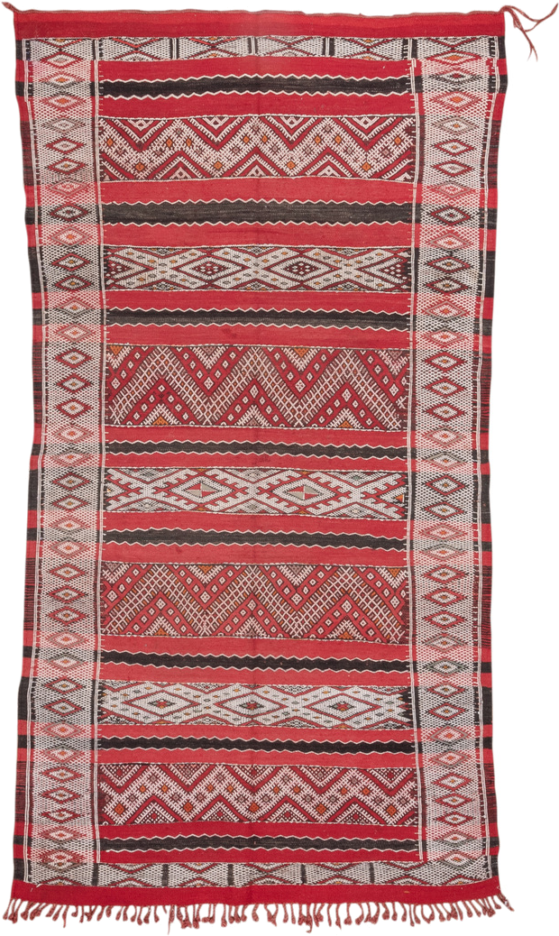 4' x 8' one-of-a-kind handmade vintage Kilim rug. Color palette: red, ivory, charcoal, rust, brown, gray, black, terracotta