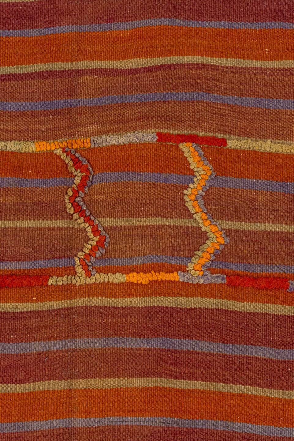 5' x 18' one-of-a-kind handmade antique Kilim rug. Color palette: rust, terra cotta, crimson, mauve, saffron, rose, taupe