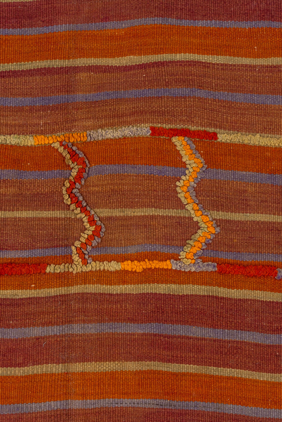 5' x 18' one-of-a-kind handmade antique Kilim rug. Color palette: rust, terra cotta, crimson, mauve, saffron, rose, taupe