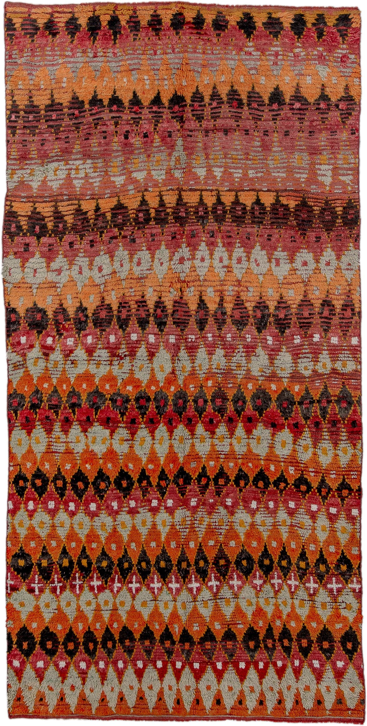 6' x 12' one-of-a-kind handmade vintage Moroccan large size rug. Color palette: orange, rose, ivory, brown, crimson
