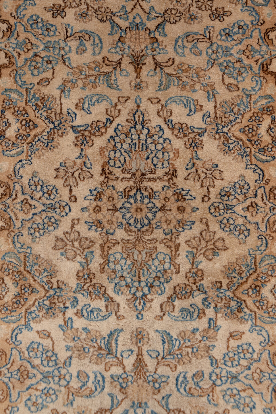 2' x 17' one-of-a-kind handmade vintage Kerman runner rug. Color palette: ivory, camel, sky_blue, taupe, brown, beige