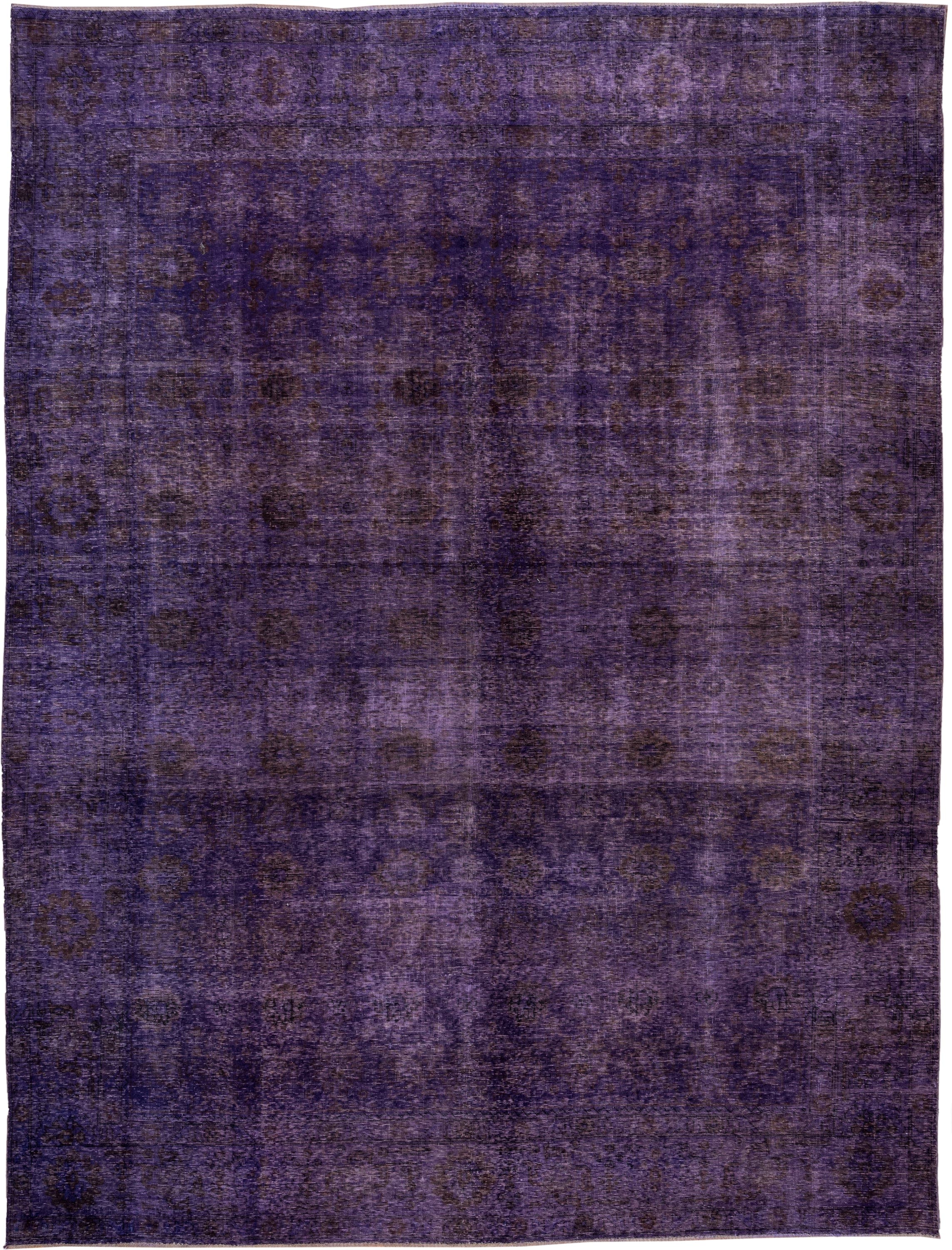 9' x 12' one-of-a-kind handmade vintage Overdyed large size rug. Color palette: violet, plum, eggplant, charcoal, pink