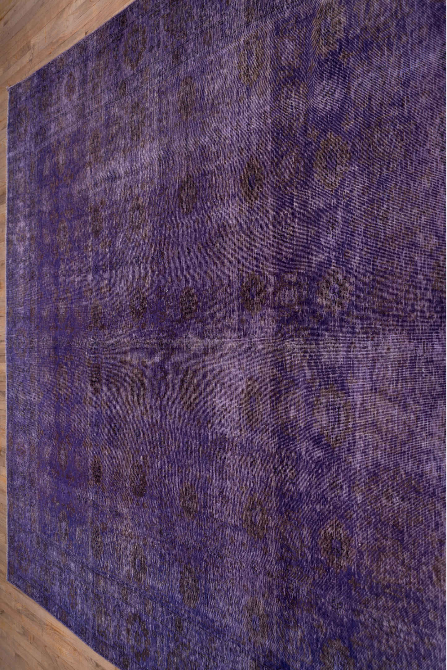 9' x 12' one-of-a-kind handmade vintage Overdyed large size rug. Color palette: violet, plum, eggplant, charcoal, pink