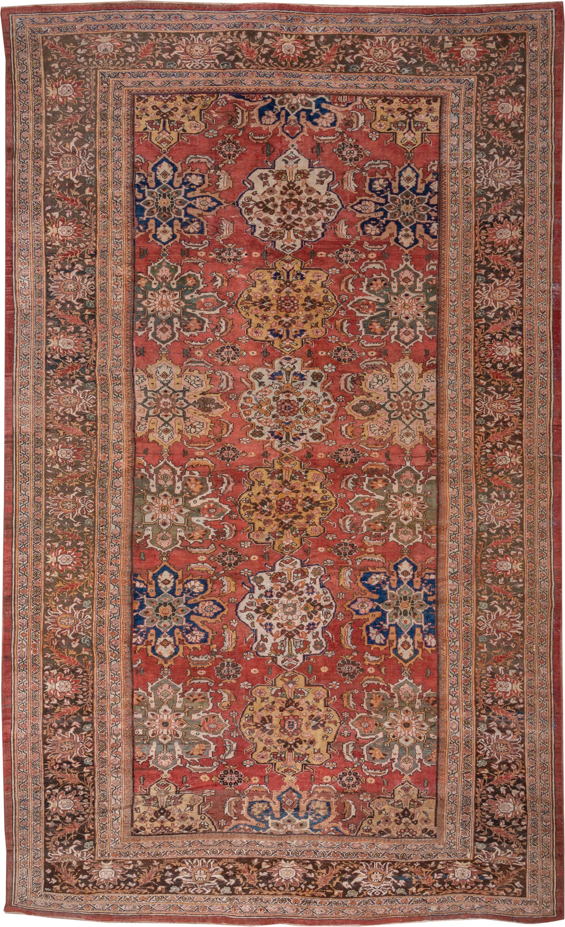 11' x 19' one-of-a-kind handmade antique Sultanabad oversize rug. Color palette: terra cotta, brown, ivory, gold, navy, sage