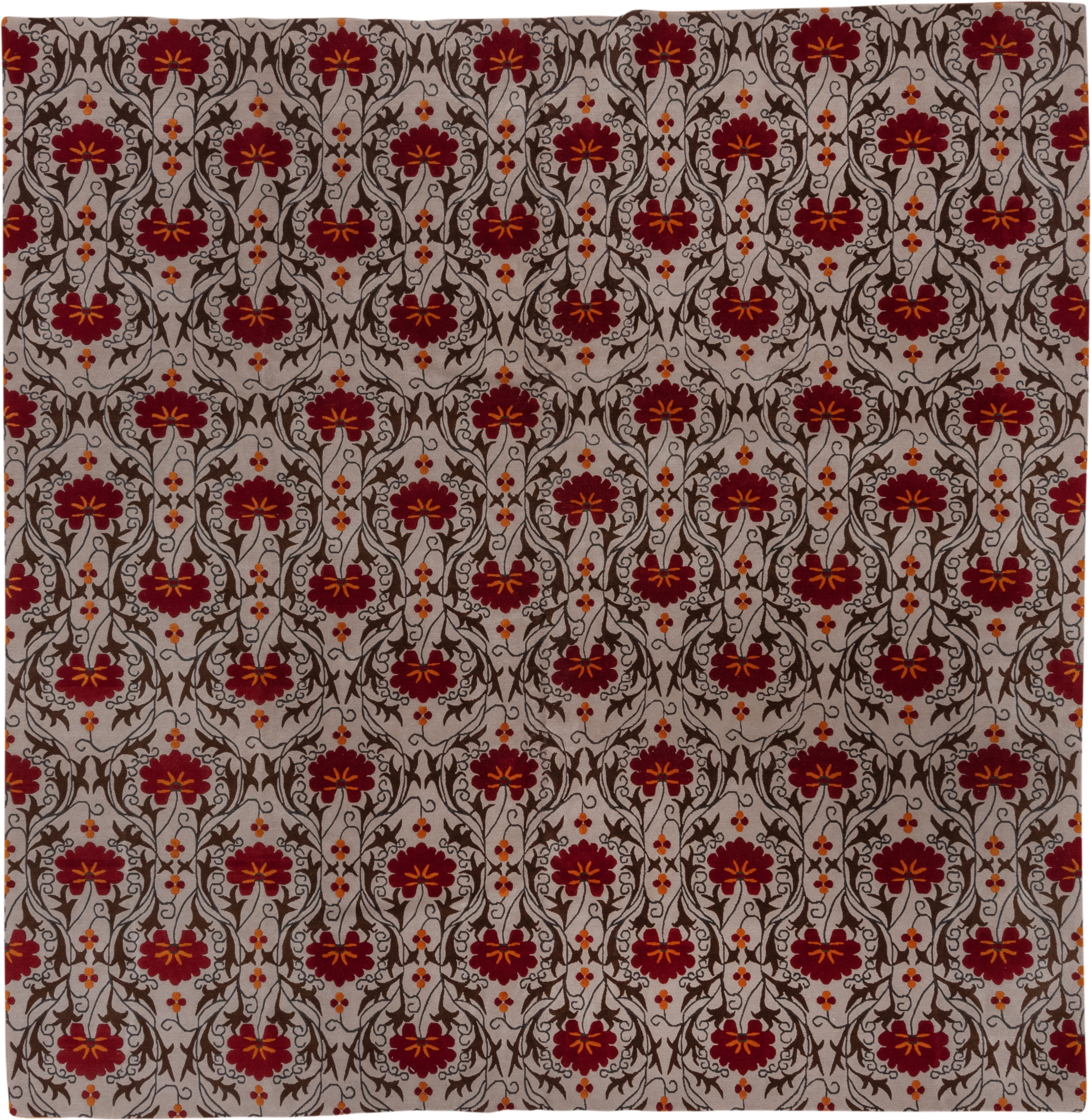 10' x 10' one-of-a-kind handmade vintage Tibetan oversize rug. Color palette: ivory, brown, crimson, rust, orange, red