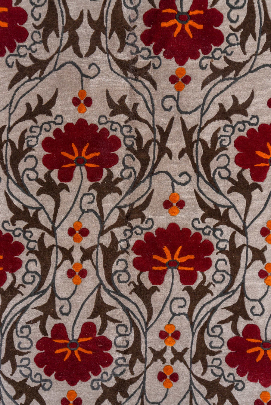 10' x 10' one-of-a-kind handmade vintage Tibetan oversize rug. Color palette: ivory, brown, crimson, rust, orange, red