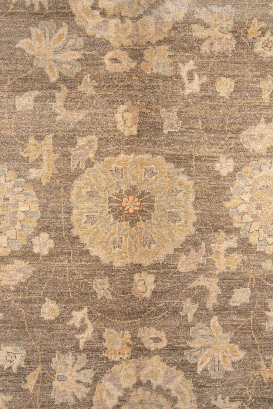 9' x 12' one-of-a-kind handmade vintage Peshawar large size rug. Color palette: taupe, ivory, sand, faded gold, beige