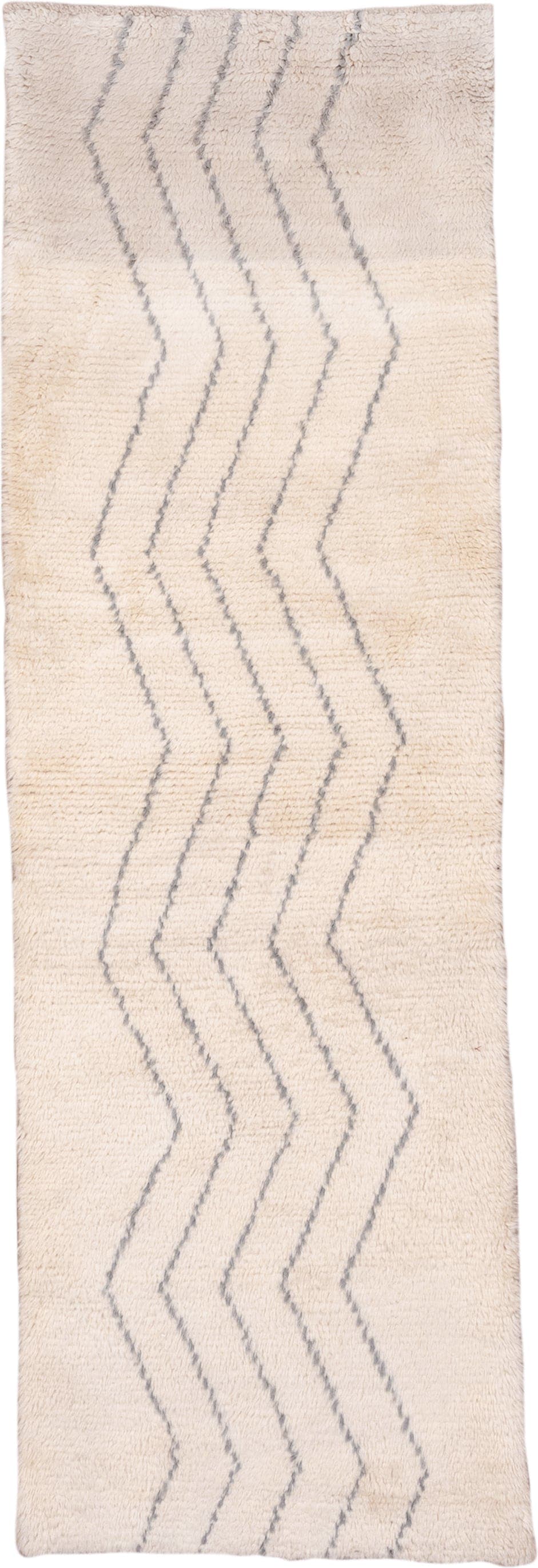 3' x 9' one-of-a-kind handmade vintage Moroccan runner rug. Color palette: ivory, gray, cream