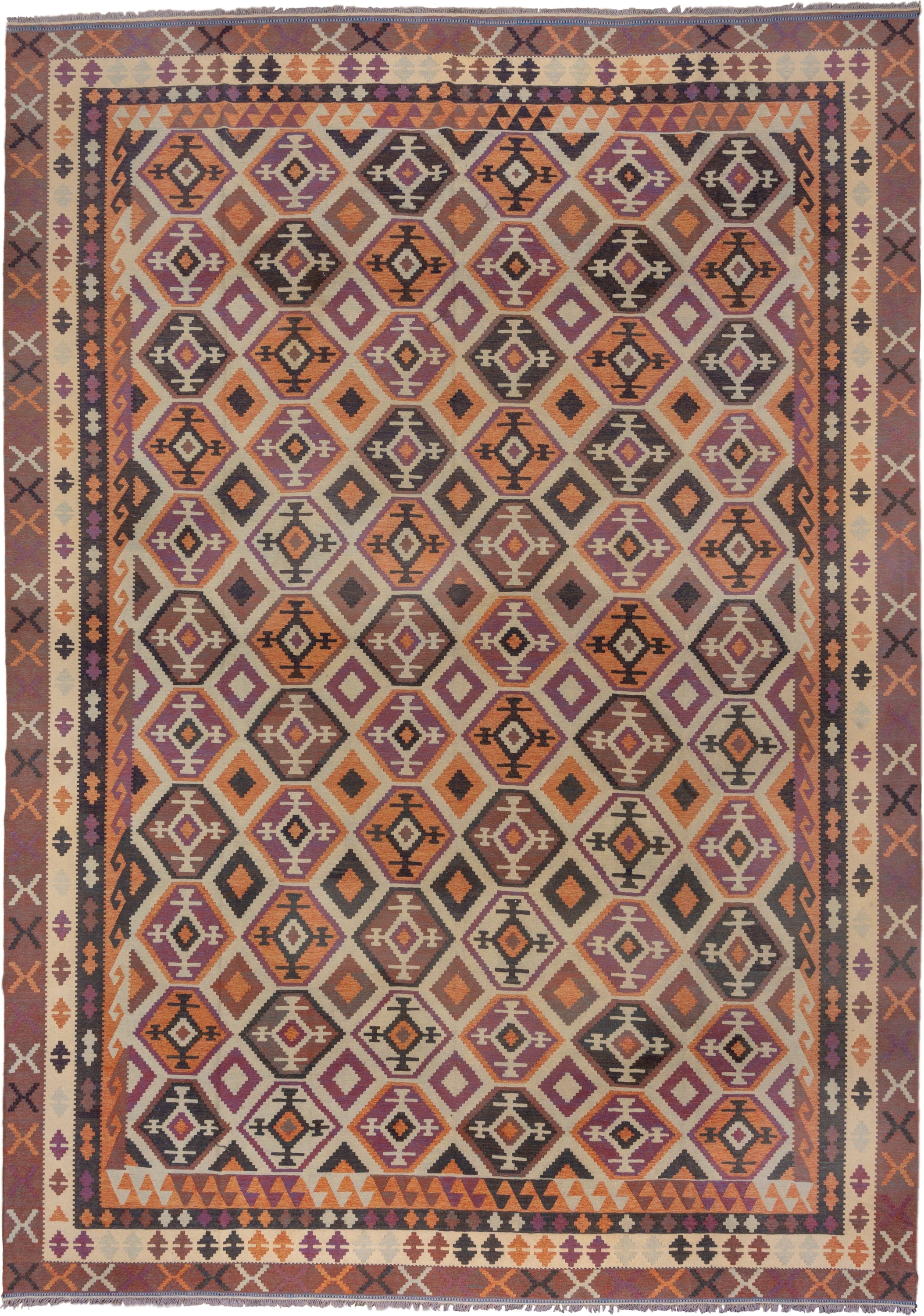 12' x 18' one-of-a-kind handmade vintage Kilim oversize rug. Color palette: ivory, rust, plum, charcoal, taupe, terra cotta