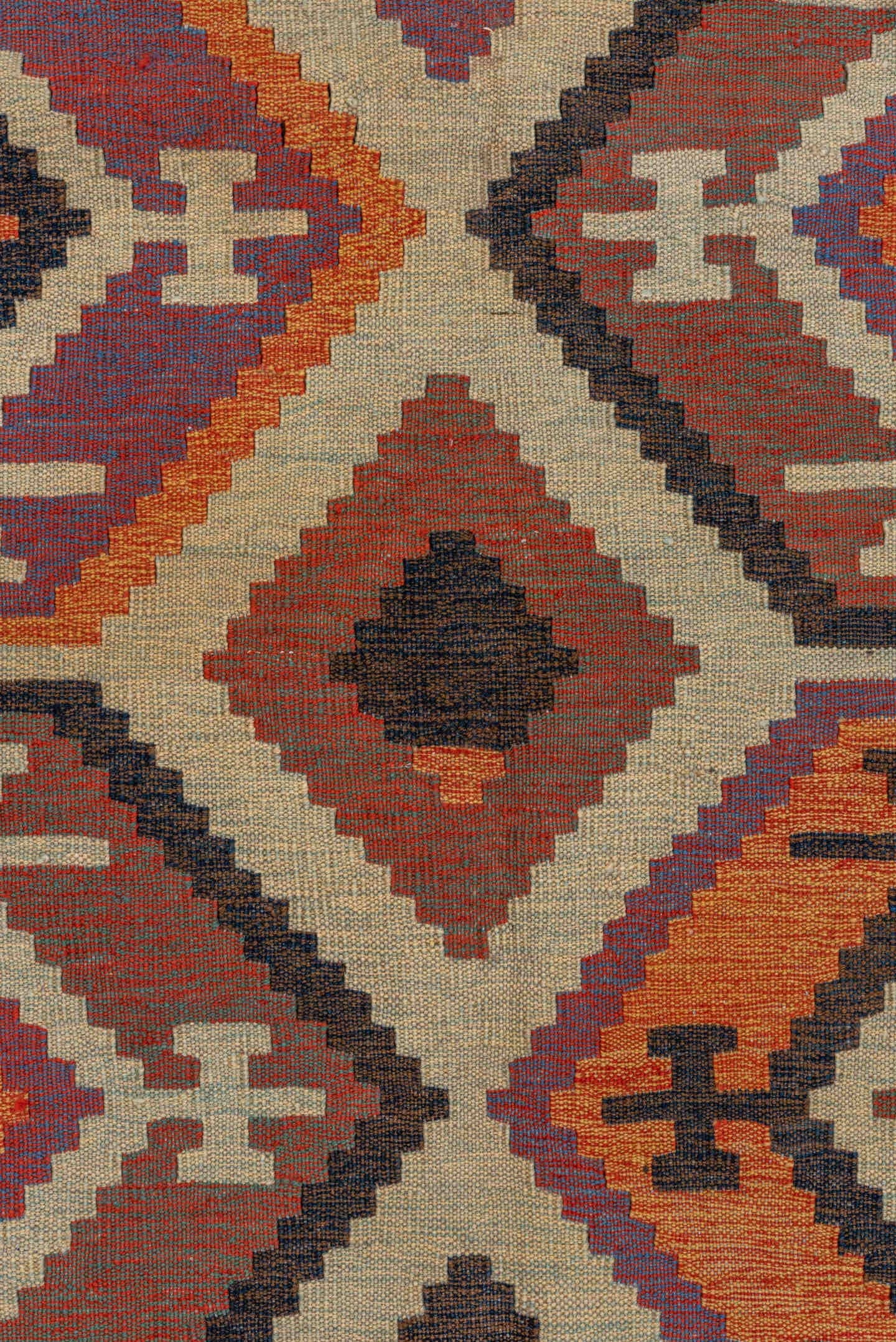 12' x 18' one-of-a-kind handmade vintage Kilim oversize rug. Color palette: ivory, rust, plum, charcoal, taupe, terra cotta