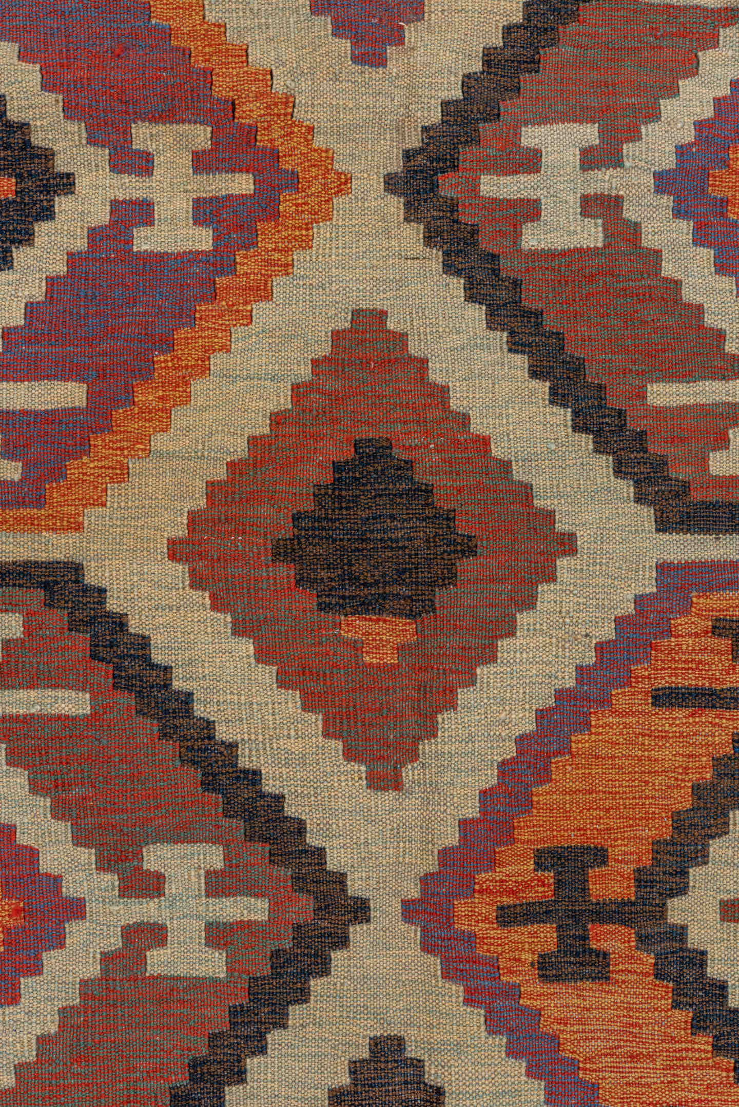 12' x 18' one-of-a-kind handmade vintage Kilim oversize rug. Color palette: ivory, rust, plum, charcoal, taupe, terra cotta
