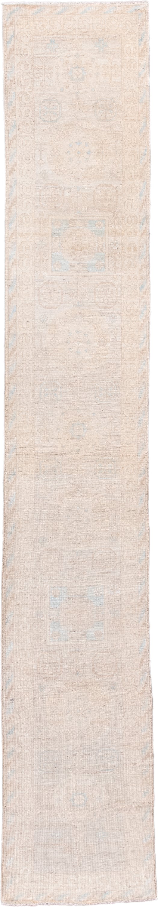 2' x 16' one-of-a-kind handmade vintage Khotan runner rug. Color palette: ivory, blush, pale blue, cream, beige, taupe, pink