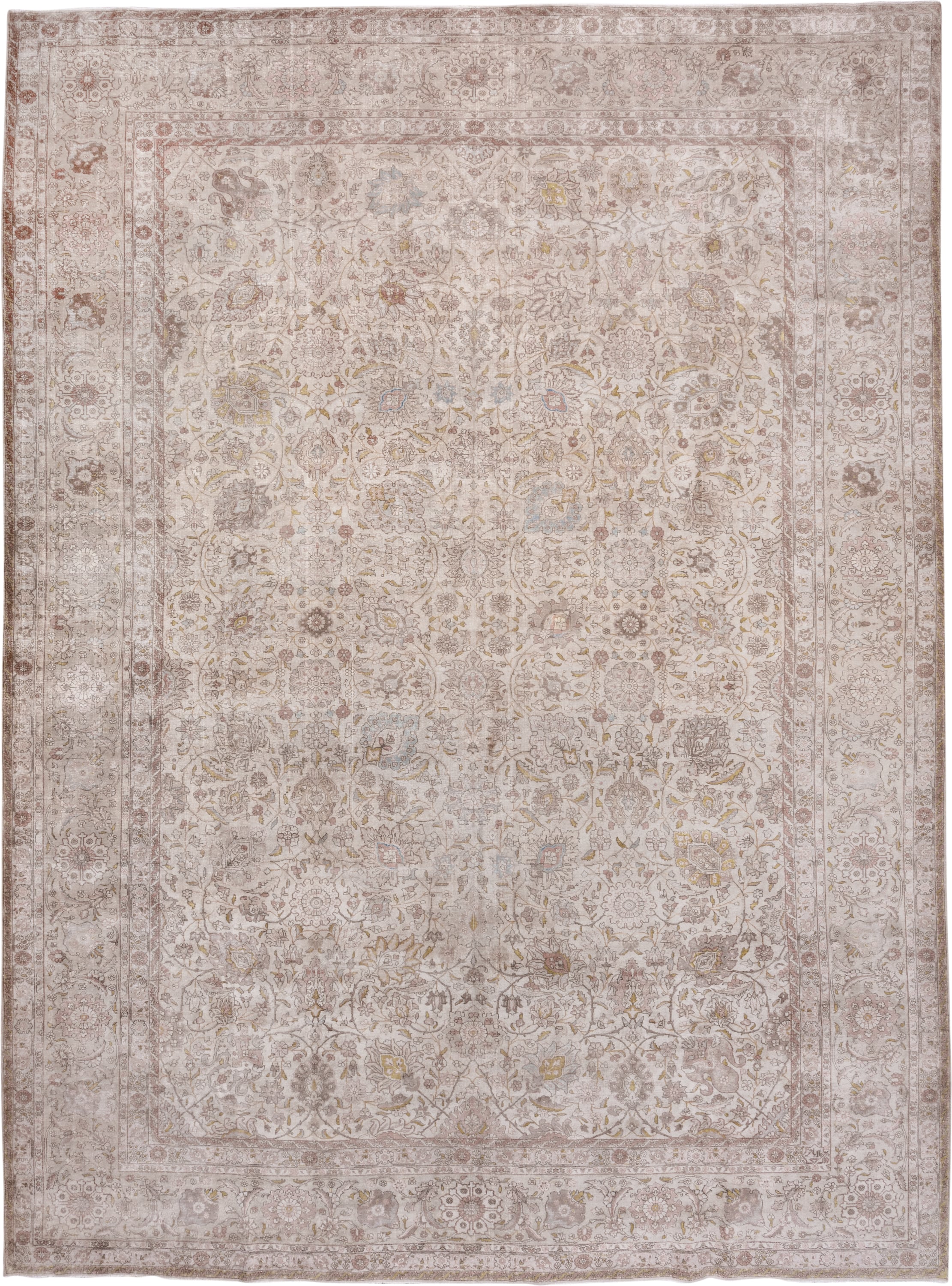 13' x 17' one-of-a-kind handmade antique Tabriz oversize rug. Color palette: ivory, taupe, blush, beige, gold, pale blue