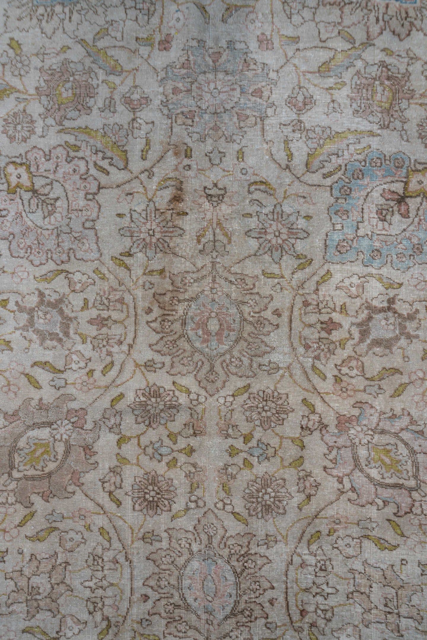 13' x 17' one-of-a-kind handmade antique Tabriz oversize rug. Color palette: ivory, taupe, blush, beige, gold, pale blue