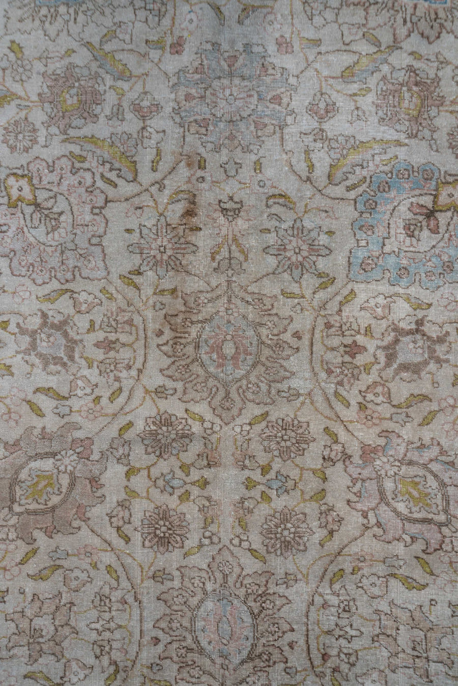 13' x 17' one-of-a-kind handmade antique Tabriz oversize rug. Color palette: ivory, taupe, blush, beige, gold, pale blue