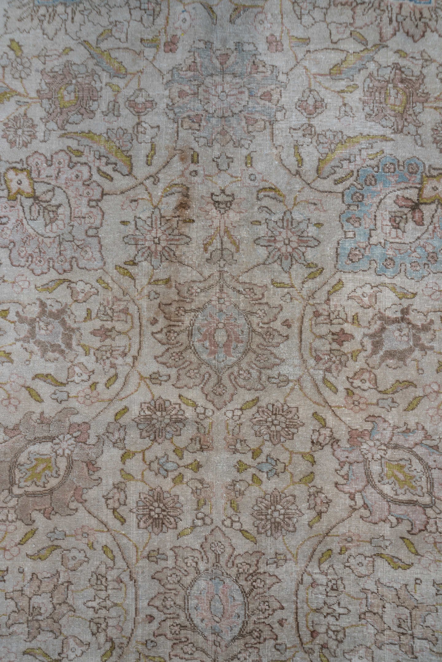 13' x 17' one-of-a-kind handmade antique Tabriz oversize rug. Color palette: ivory, taupe, blush, beige, gold, pale blue