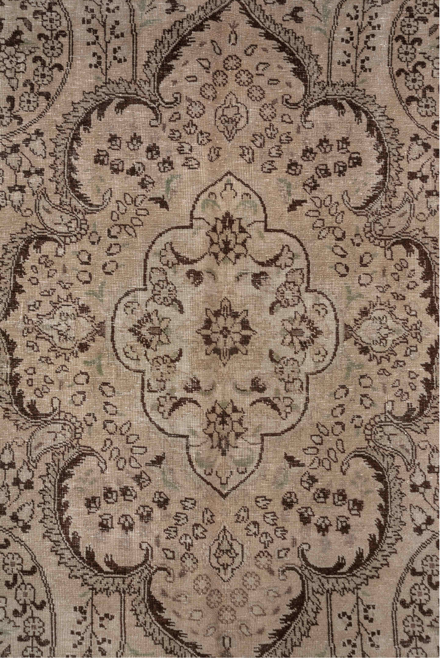 9' x 12' one-of-a-kind handmade antique Sivas large size rug. Color palette: ivory, taupe, brown, camel, beige, gray