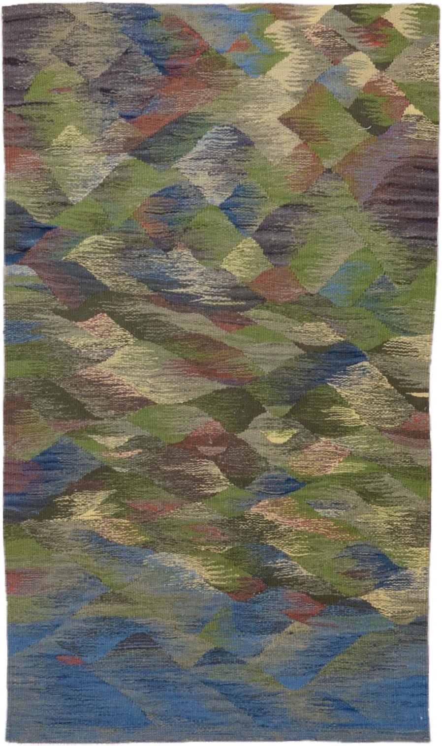 2' x 4' one-of-a-kind handmade vintage Kilim small size rug. Color palette: olive, blue, taupe, sage, slate, ivory, rust