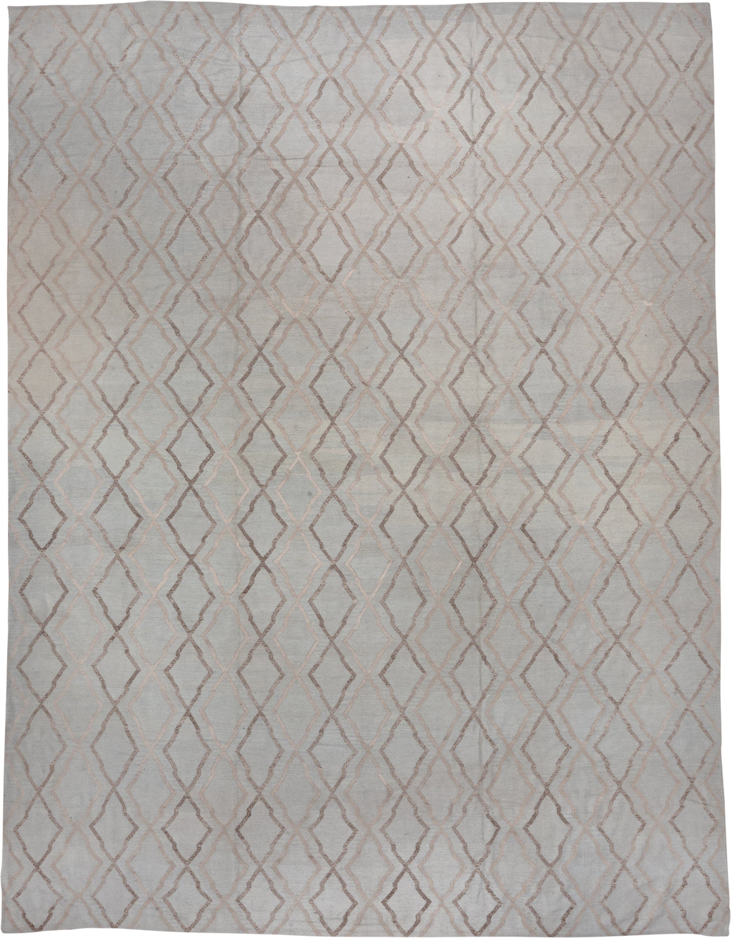 14' x 18' one-of-a-kind handmade vintage Kilim oversize rug. Color palette: ivory, taupe, beige, cream, light gray, gray