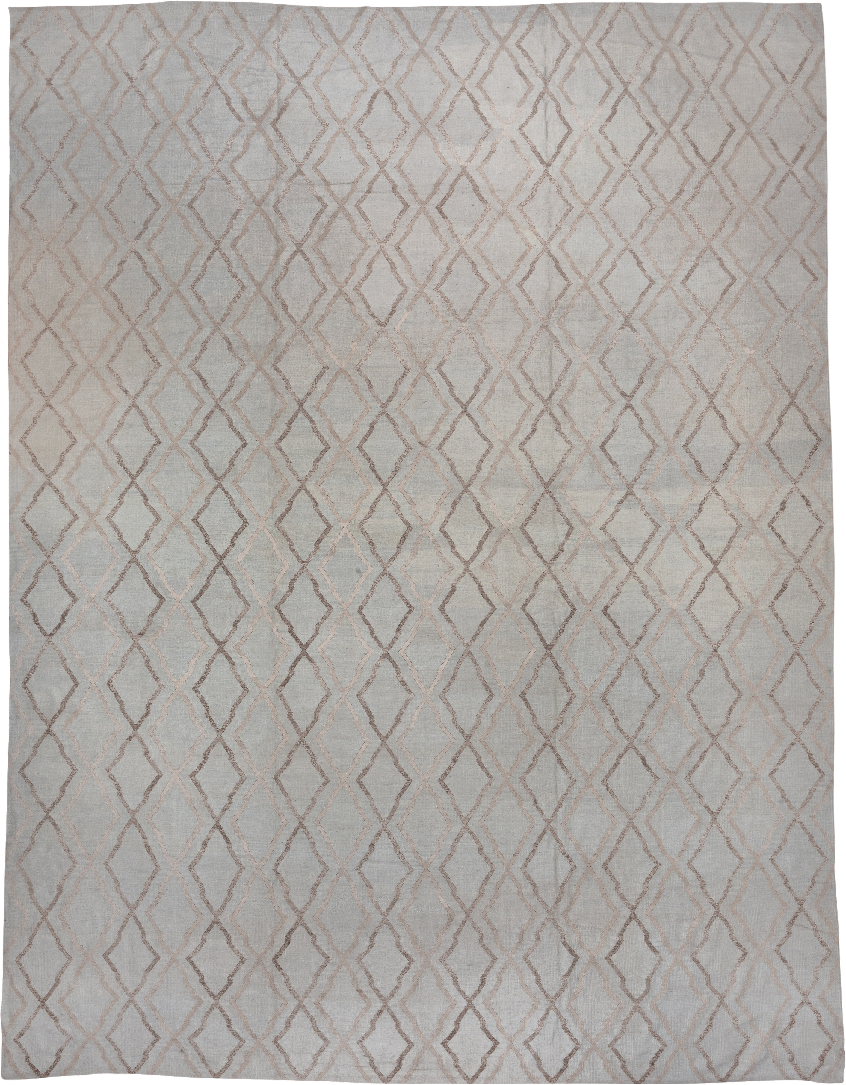 14' x 18' one-of-a-kind handmade vintage Kilim oversize rug. Color palette: ivory, taupe, beige, cream, light gray, gray