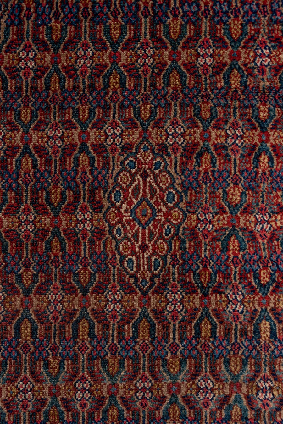 3' x 14' one-of-a-kind handmade antique Cam Hamadan runner rug. Color palette: camel, navy, rust, ivory, burgundy, slate