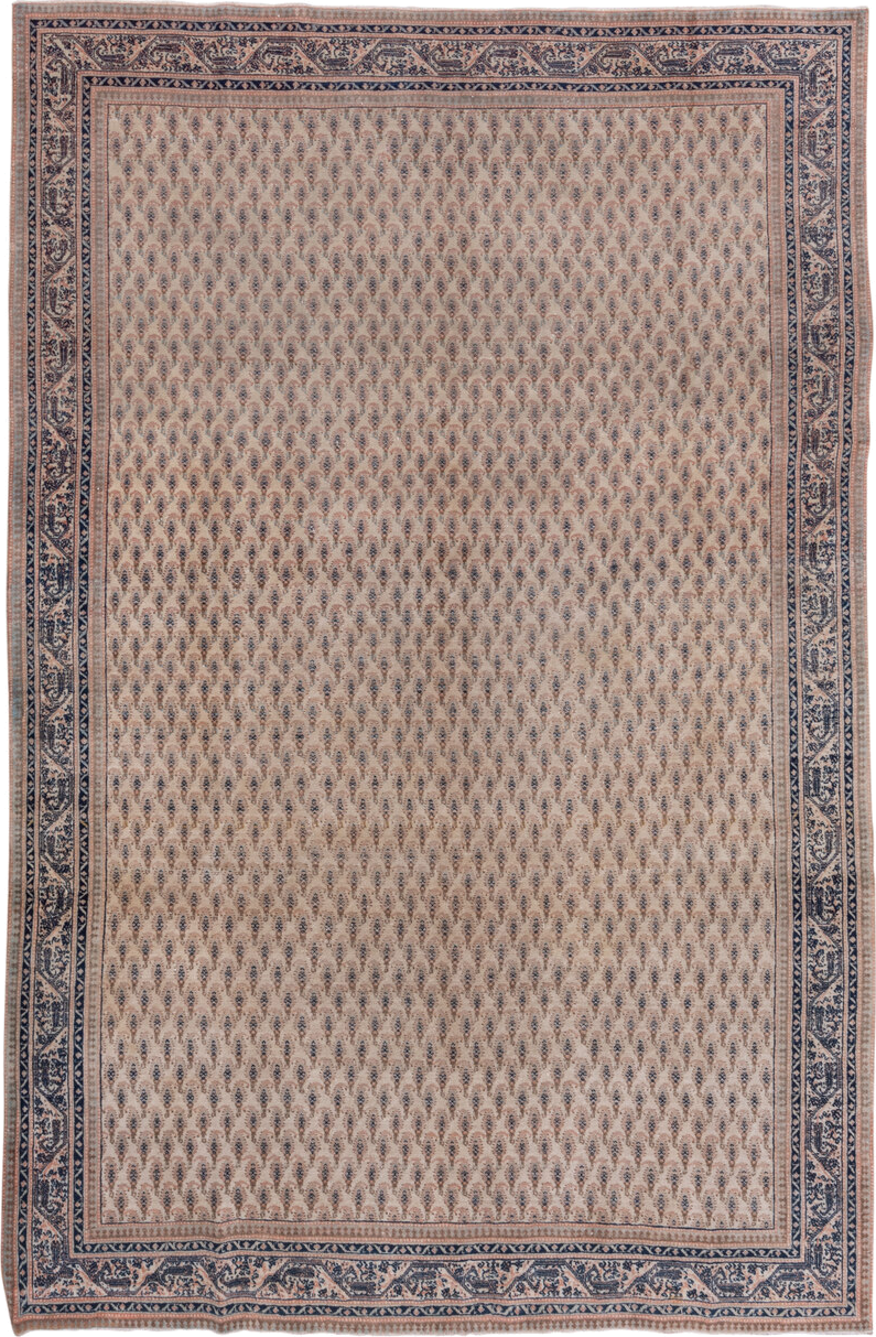 7' x 11' one-of-a-kind handmade antique Sivas large size rug. Color palette: ivory, blush, navy, taupe, rose, slate, pink