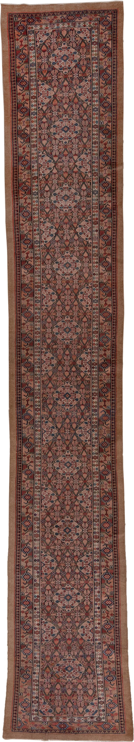 2' x 17' one-of-a-kind handmade antique Cam Hamadan runner rug. Color palette: rust, camel, ivory, indigo, navy, taupe