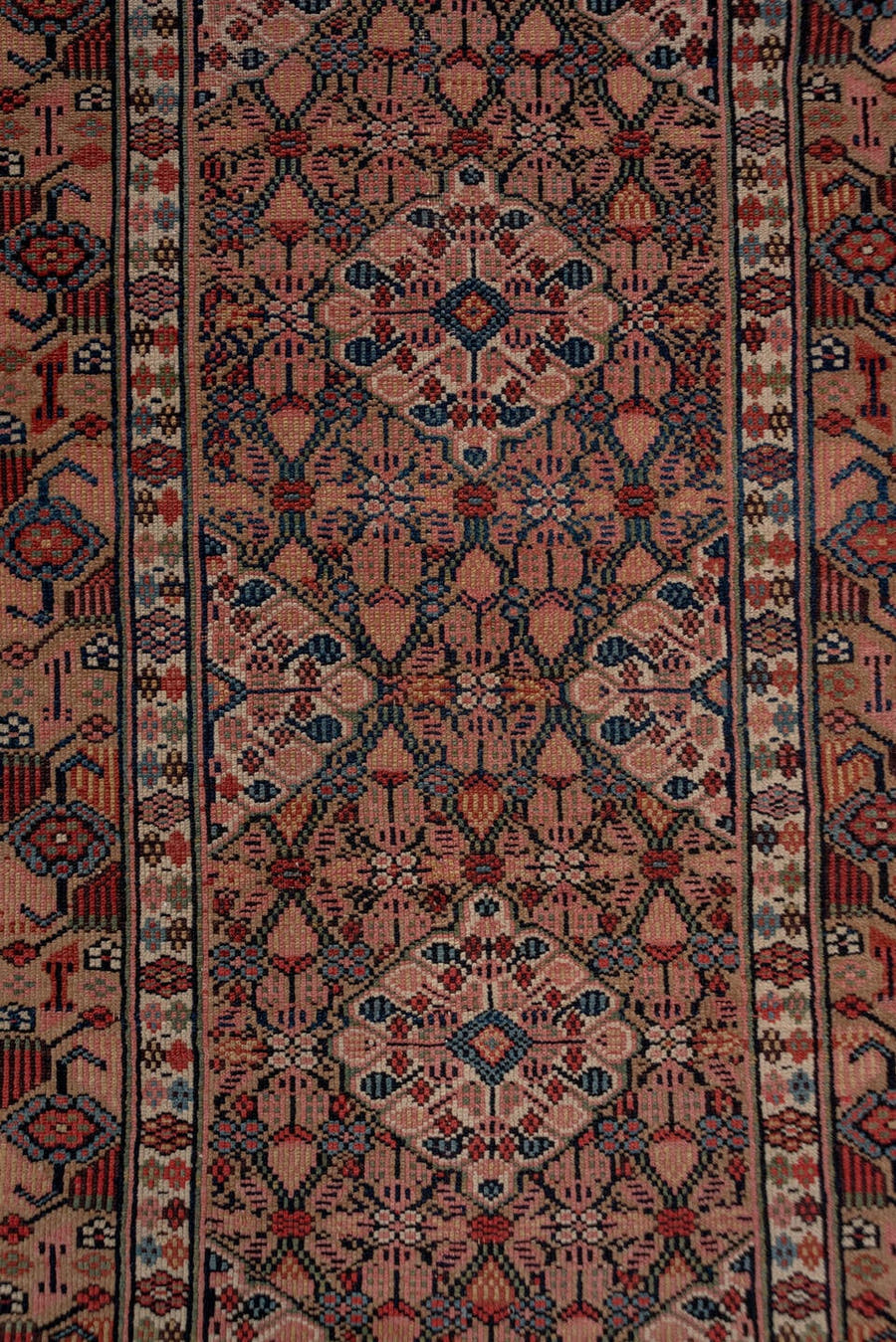 2' x 17' one-of-a-kind handmade antique Cam Hamadan runner rug. Color palette: rust, camel, ivory, indigo, navy, taupe
