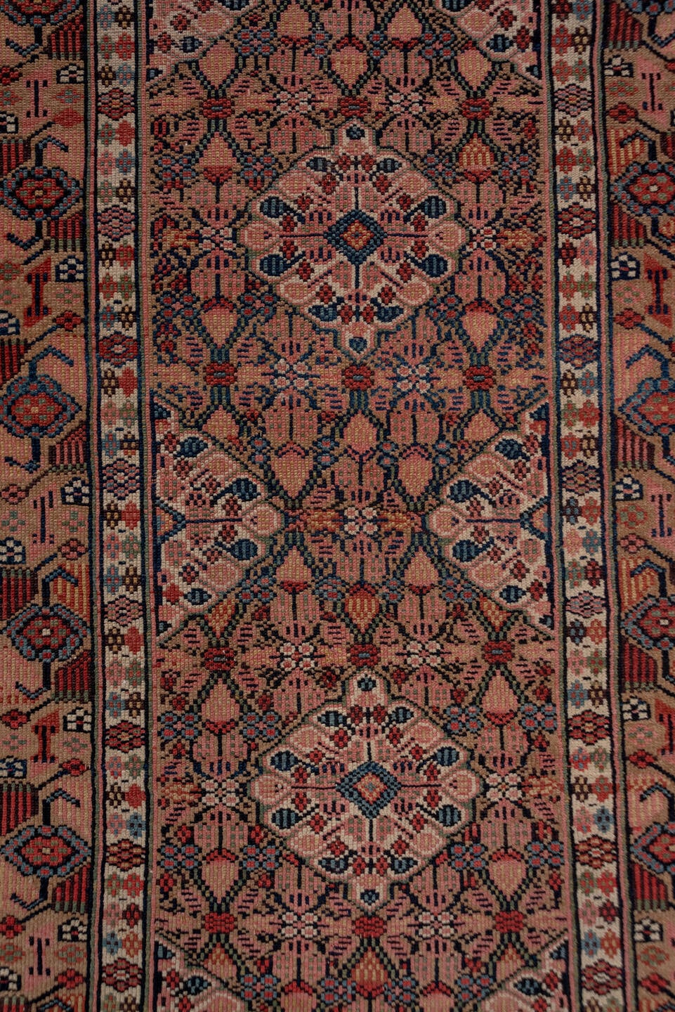 2' x 17' one-of-a-kind handmade antique Cam Hamadan runner rug. Color palette: rust, camel, ivory, indigo, navy, taupe