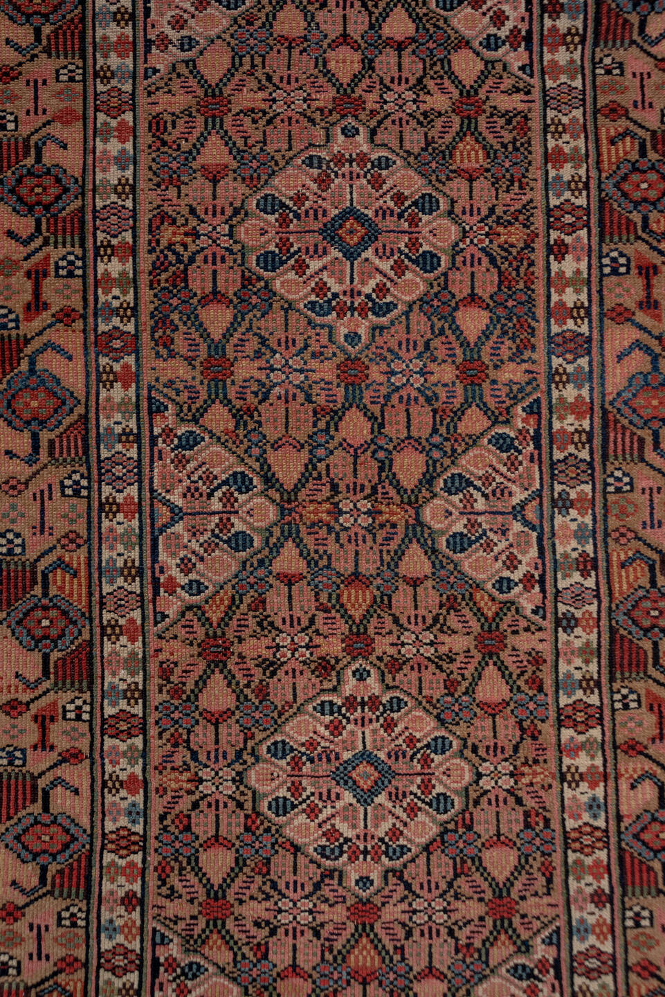 2' x 17' one-of-a-kind handmade antique Cam Hamadan runner rug. Color palette: rust, camel, ivory, indigo, navy, taupe