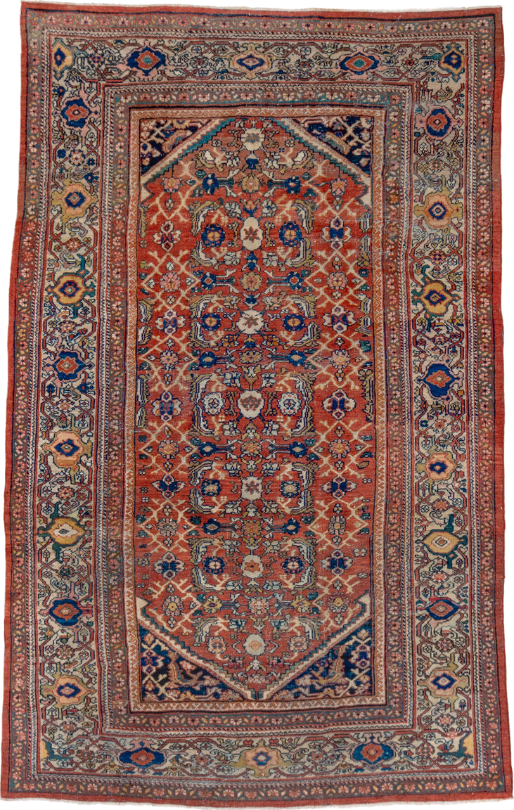 6' x 10' one-of-a-kind handmade antique Mahal large size rug. Color palette: terra cotta, ivory, navy, rust, camel, gold
