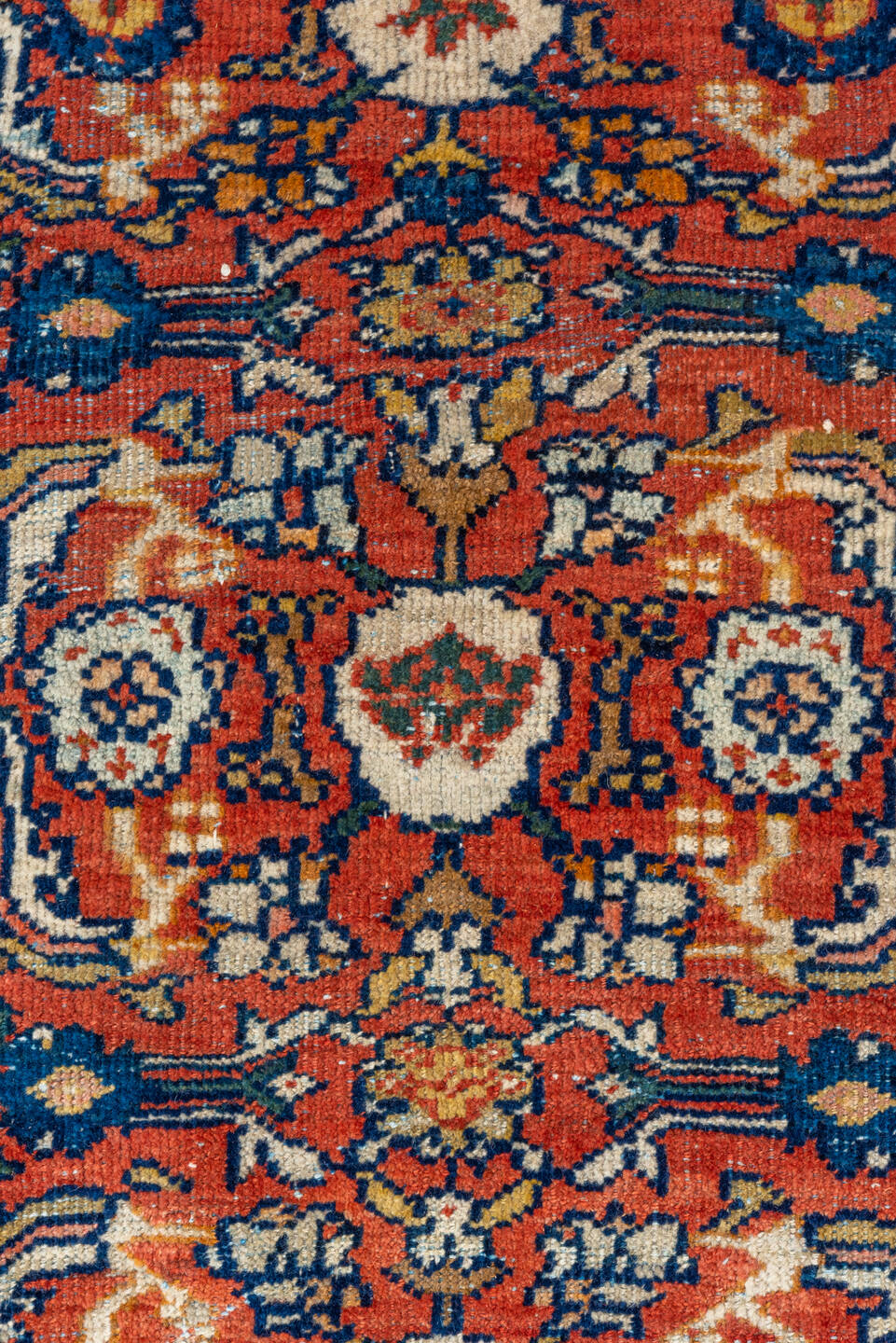 6' x 10' one-of-a-kind handmade antique Mahal large size rug. Color palette: terra cotta, ivory, navy, rust, camel, gold