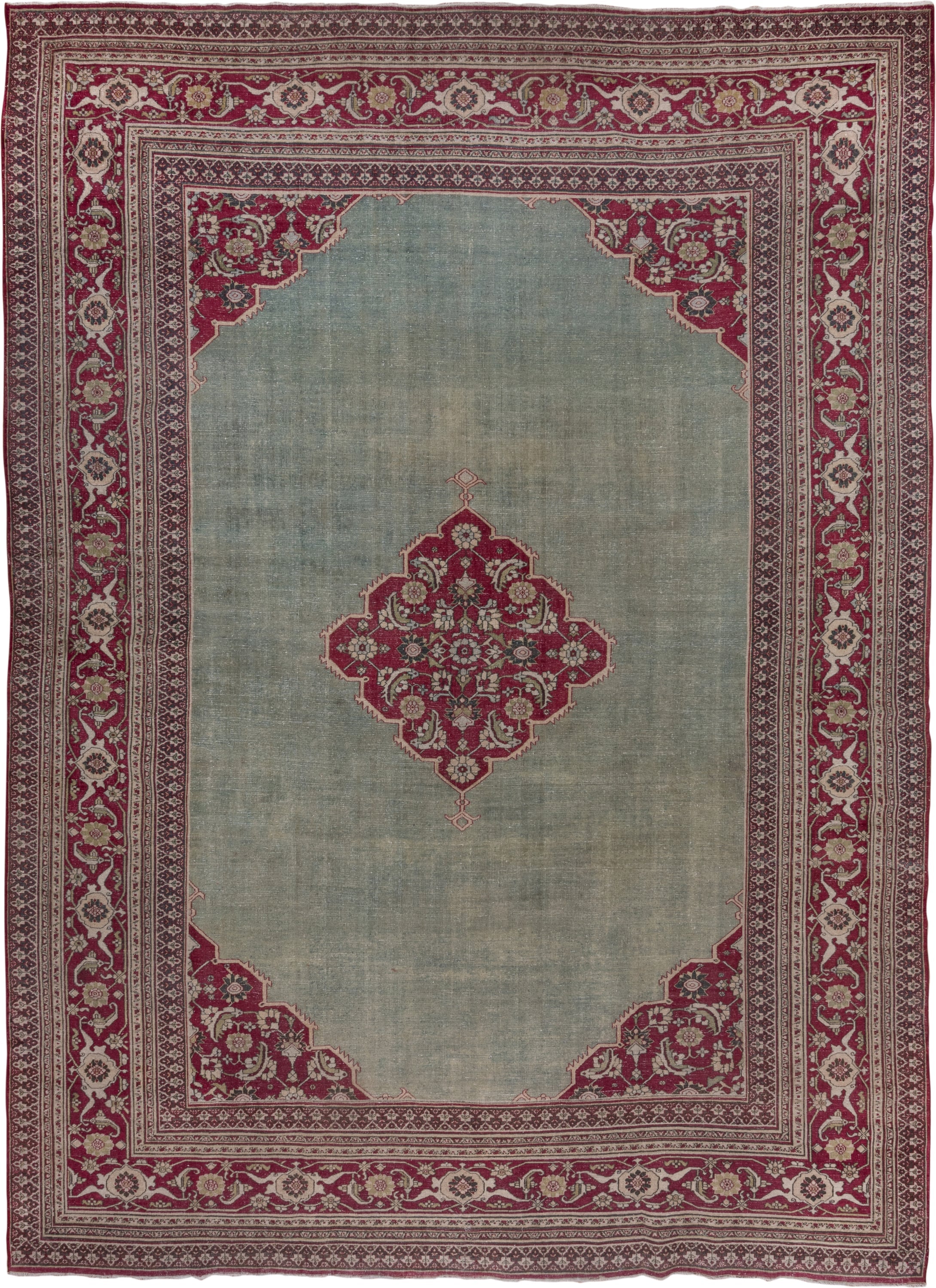 10' x 15' one-of-a-kind handmade antique Khorassan rug. Color palette: sage, crimson, ivory, rose, taupe, green, red, pink