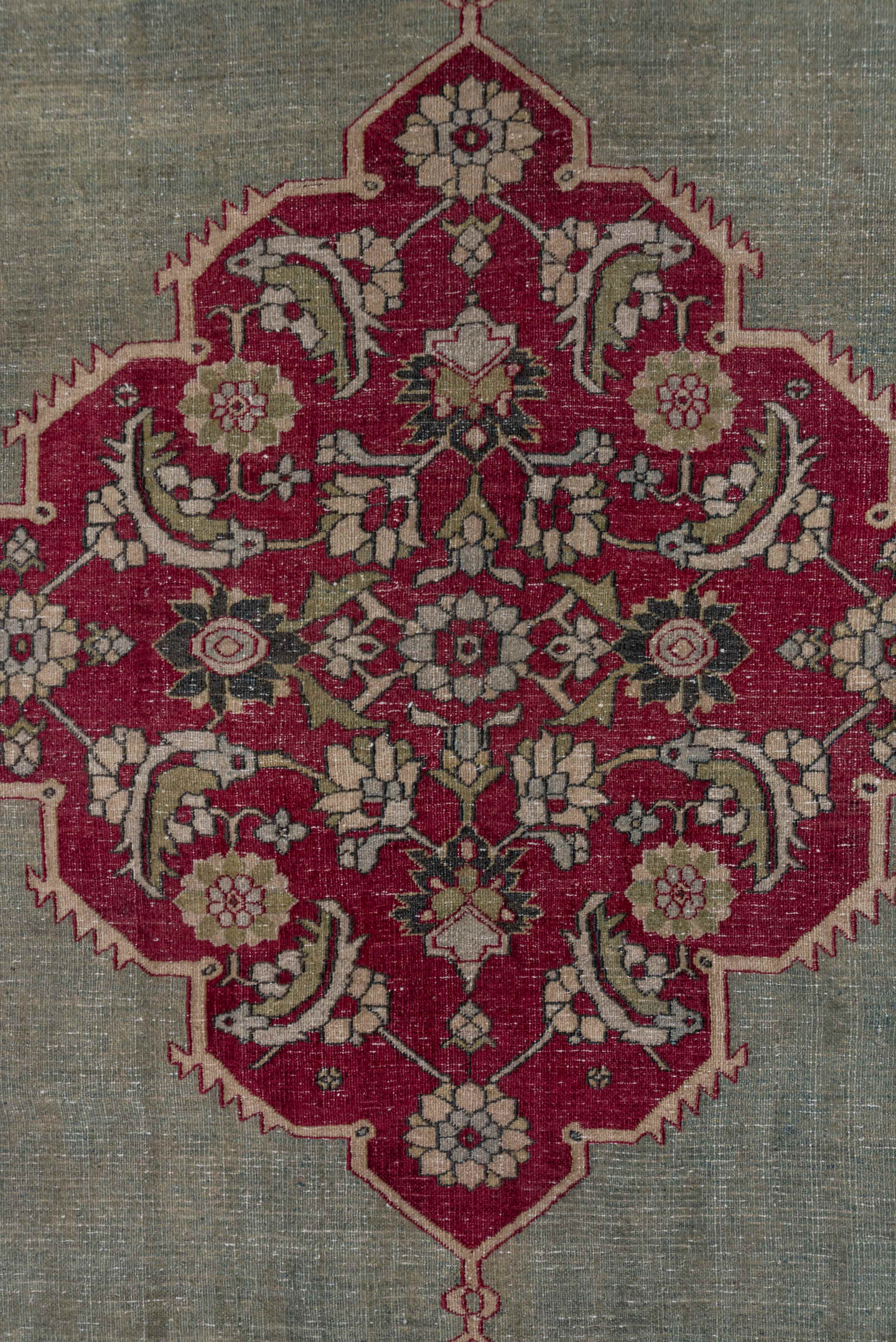 10' x 15' one-of-a-kind handmade antique Khorassan rug. Color palette: sage, crimson, ivory, rose, taupe, green, red, pink