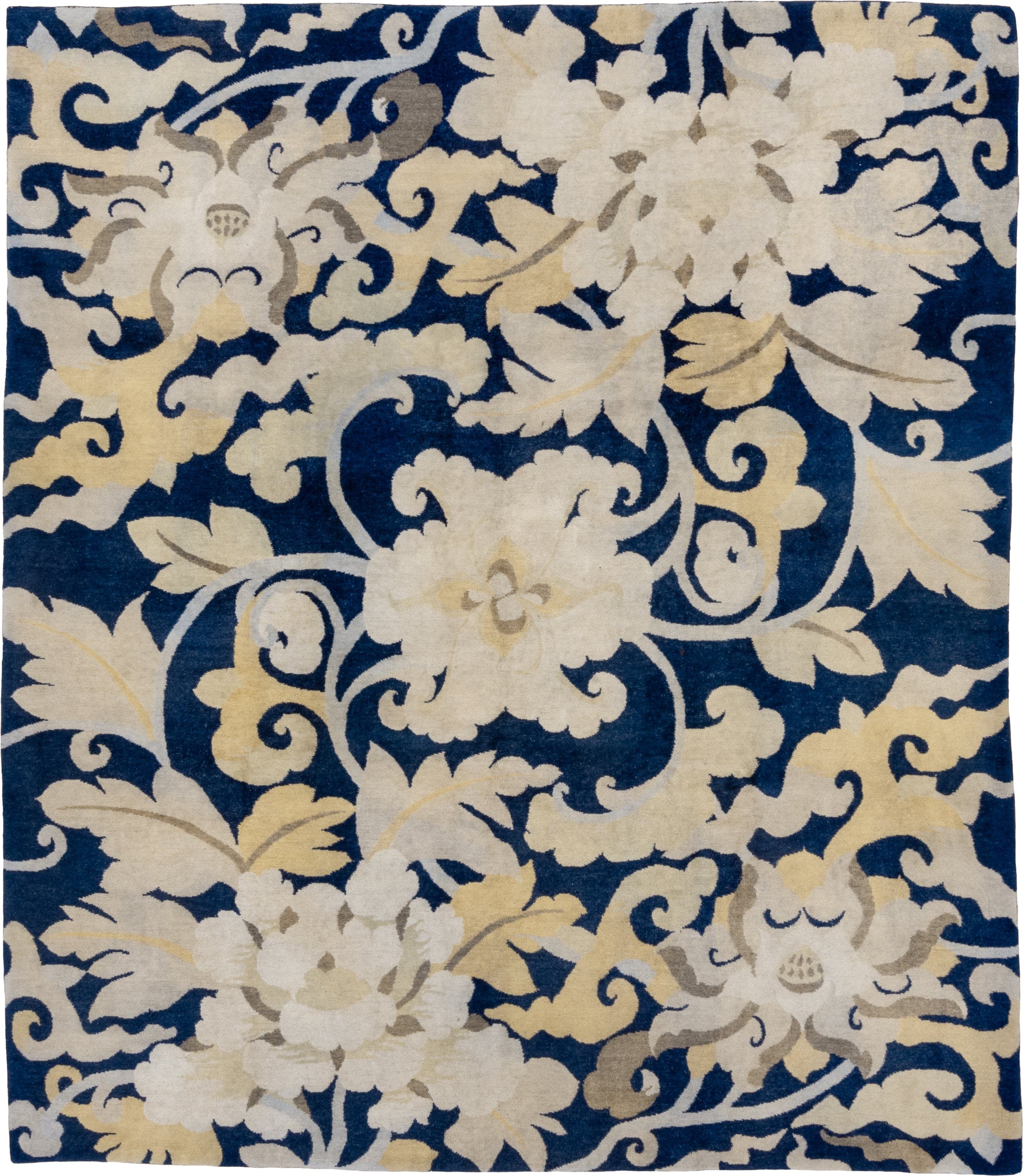8' x 9' one-of-a-kind handmade vintage Tibetan rug. Color palette: navy, ivory, cream, taupe, slate, gold, blue, beige, gray