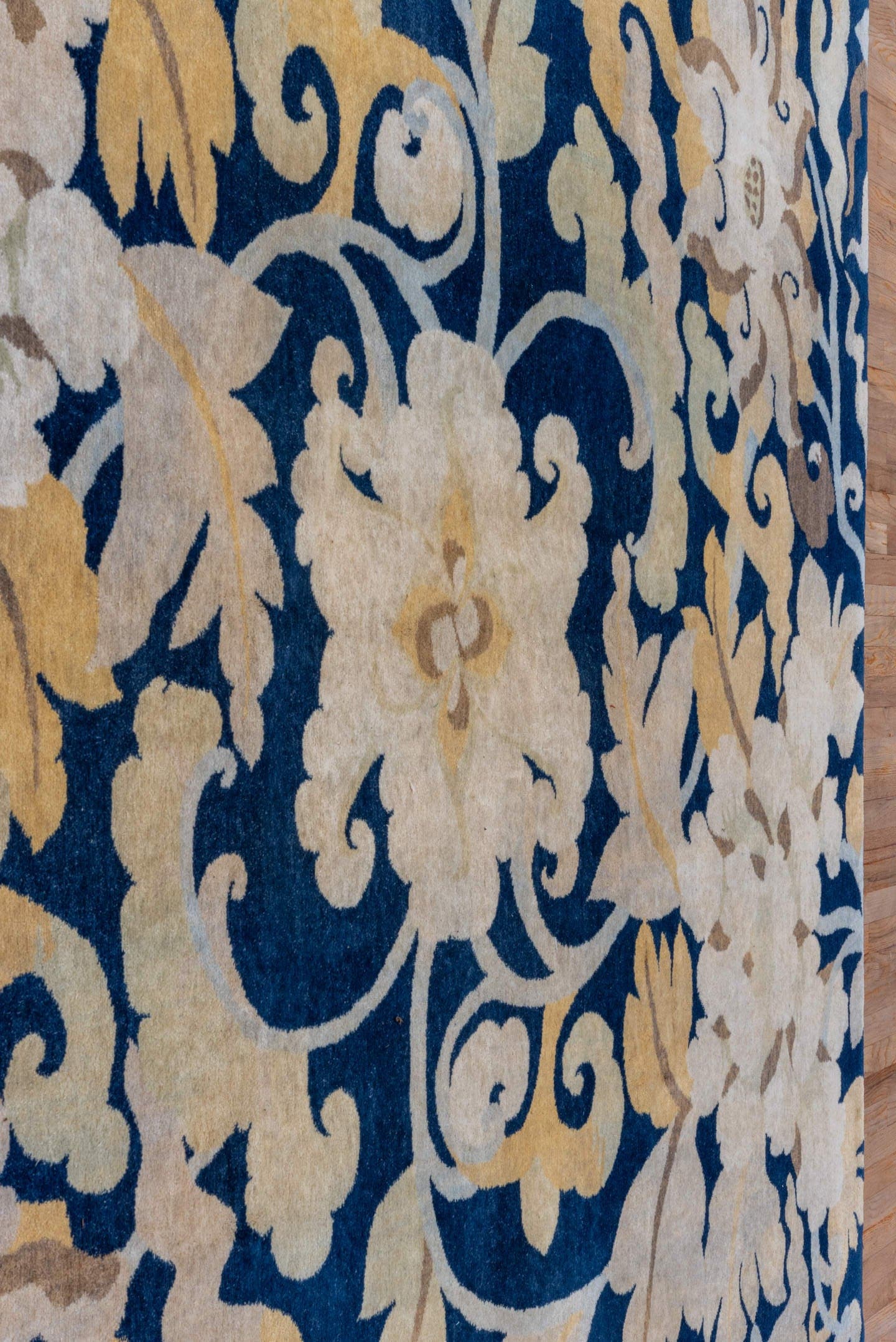8' x 9' one-of-a-kind handmade vintage Tibetan rug. Color palette: navy, ivory, cream, taupe, slate, gold, blue, beige, gray
