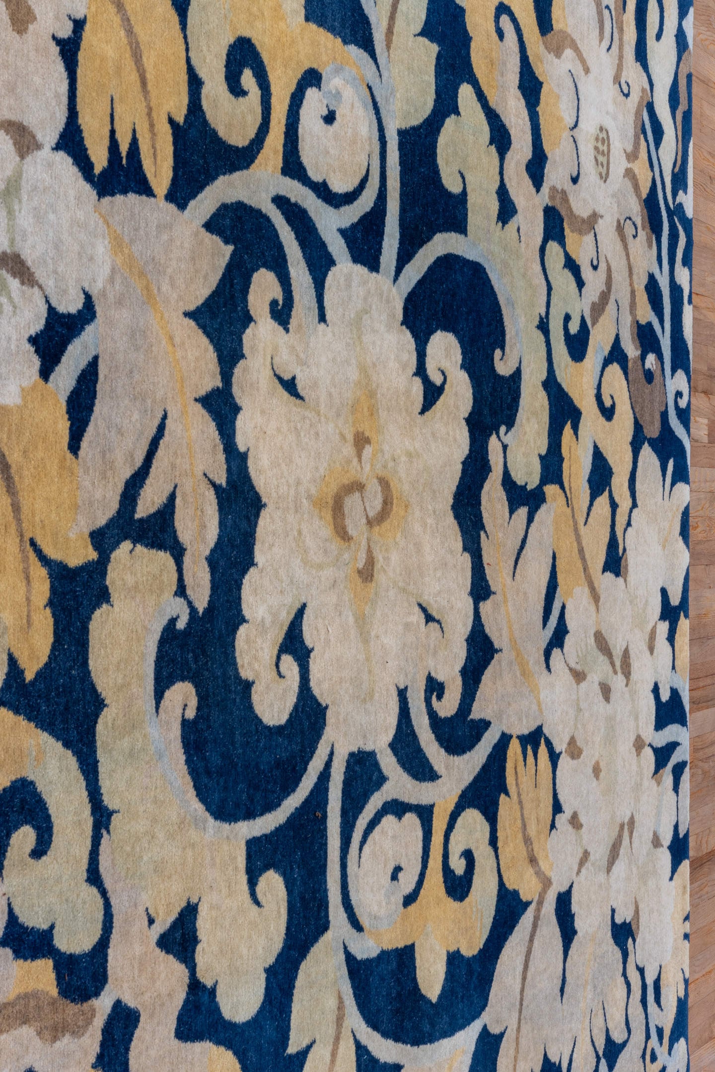 8' x 9' one-of-a-kind handmade vintage Tibetan rug. Color palette: navy, ivory, cream, taupe, slate, gold, blue, beige, gray